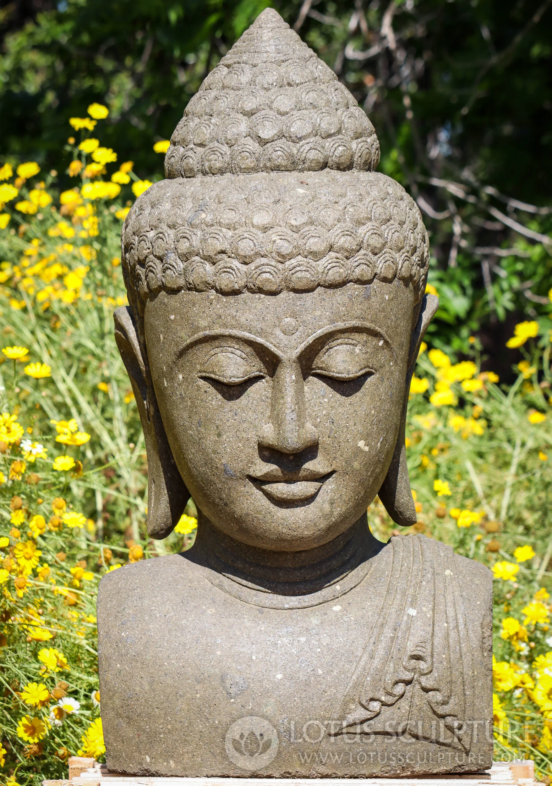 Buddha Bust Garden Sculpture Hand Carved Green Lava Stone from Indonesia 42" Questions & Answers