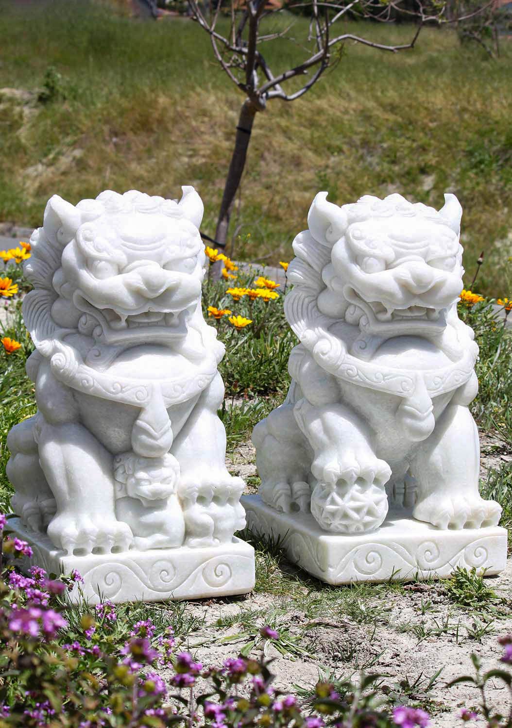 White Marble Foo Dogs Shishi Guardian Lions Statues For Protection of Temple or Home 24" Questions & Answers