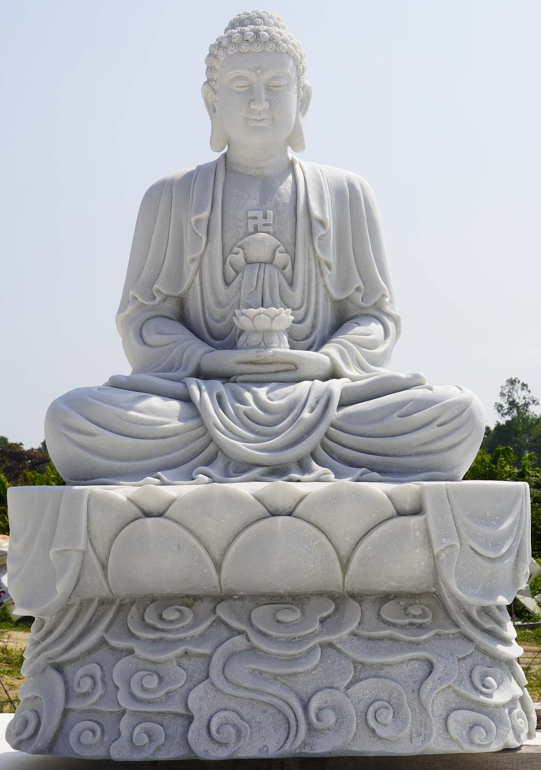 Large White Marble Buddha Garden Statue Holding Alms Bowl with Swastika on Chest 62" Questions & Answers