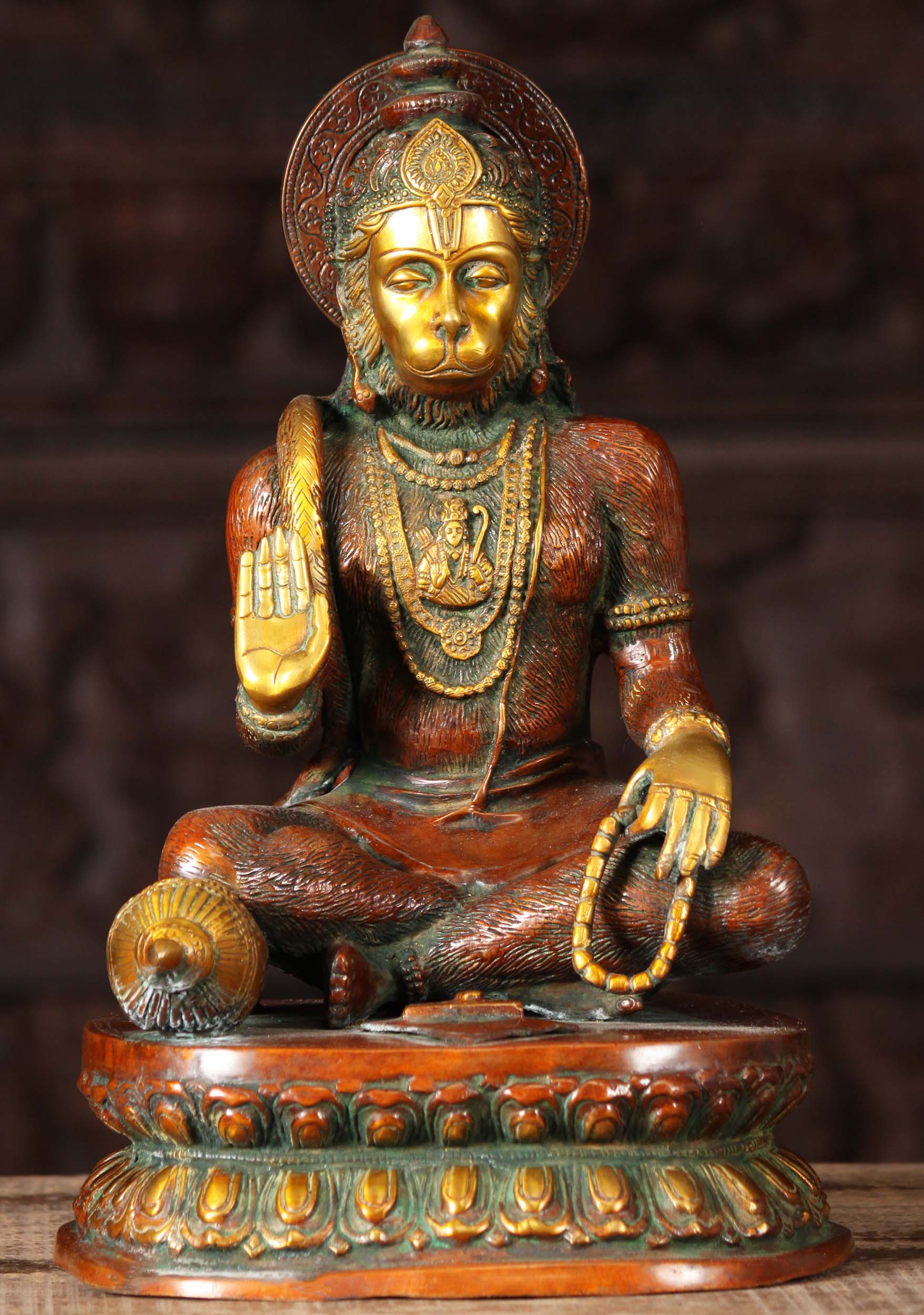 Brass Seated Abhaya Mudra Hanuman Statue with Rama on His Heart with Club Holding Malas 15" Questions & Answers