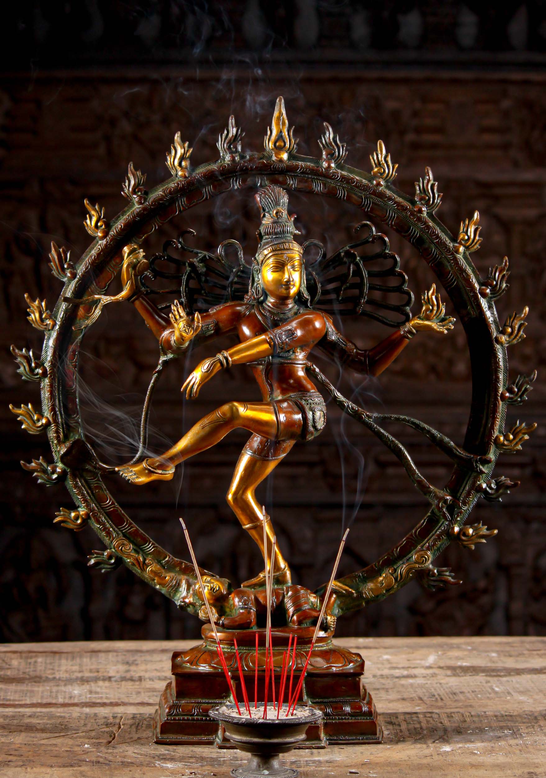 Brass Hindu God Shiva Nataraja, the Cosmic Lord of Dance, Destruction & Rebirth Sculpture 25.5" Questions & Answers