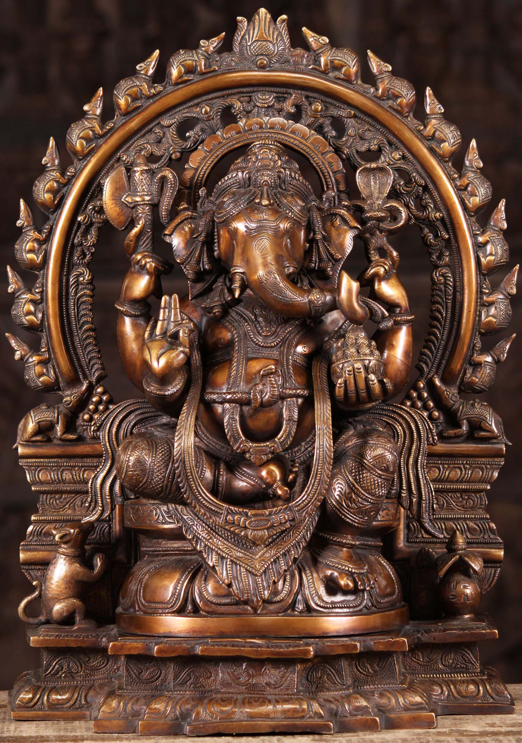 Ganesh Brass Statue Holding His Broken Tusk with Magnificent Arch with 16 Rats 19" Questions & Answers