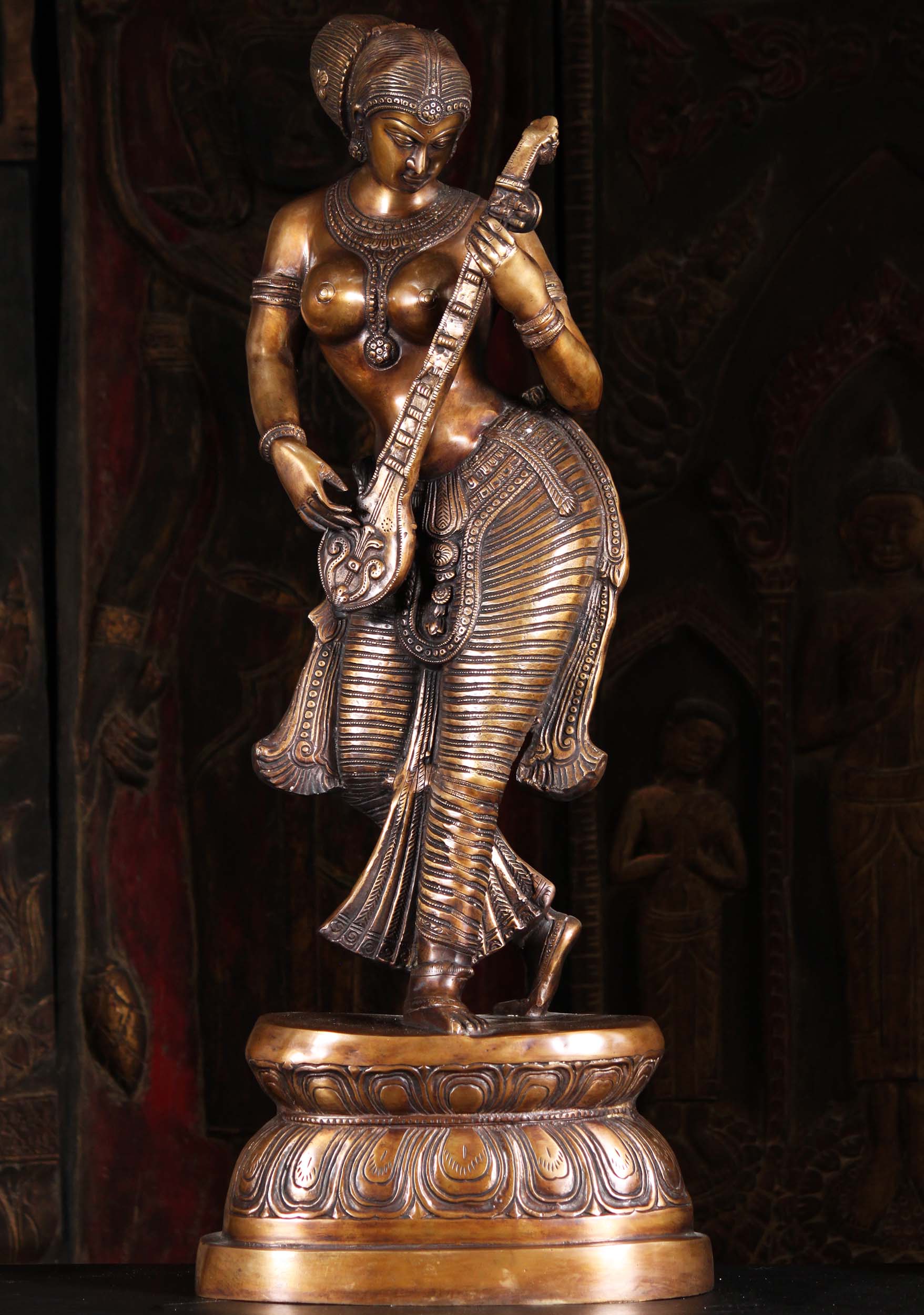 Brass Large Statue of Saraswati the Hindu Goddess of Wisdom Playing the Veena 35" Questions & Answers