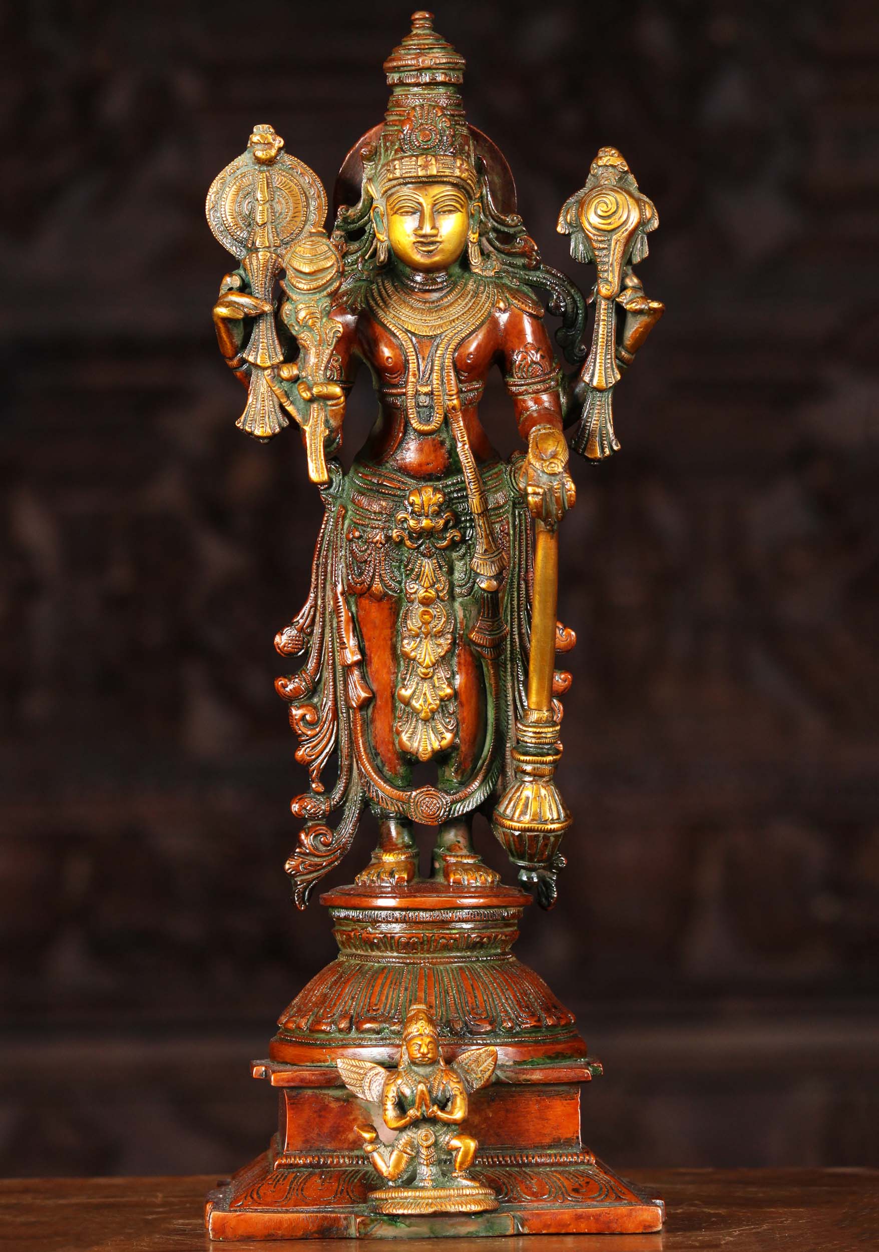 Brass Vishnu Statue Holding Conch, Discus, Fly Whisk & Club with Namaste Garuda on Base 15" Questions & Answers