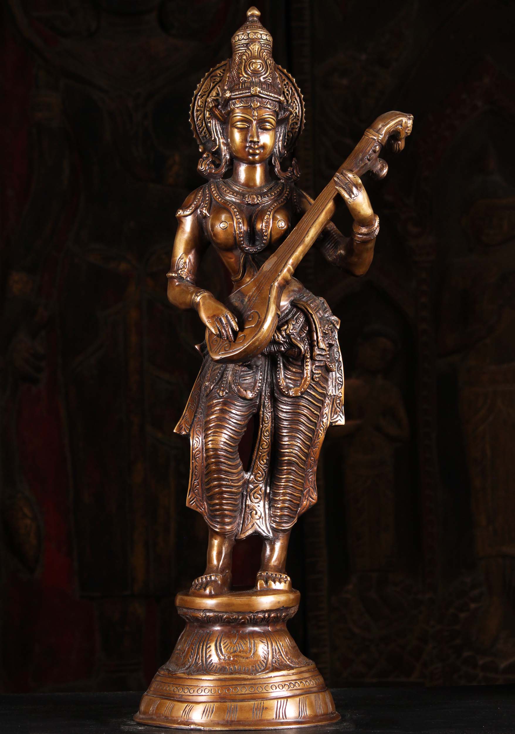 SOLD Brass Saraswati Standing Playing Veena 29" Questions & Answers