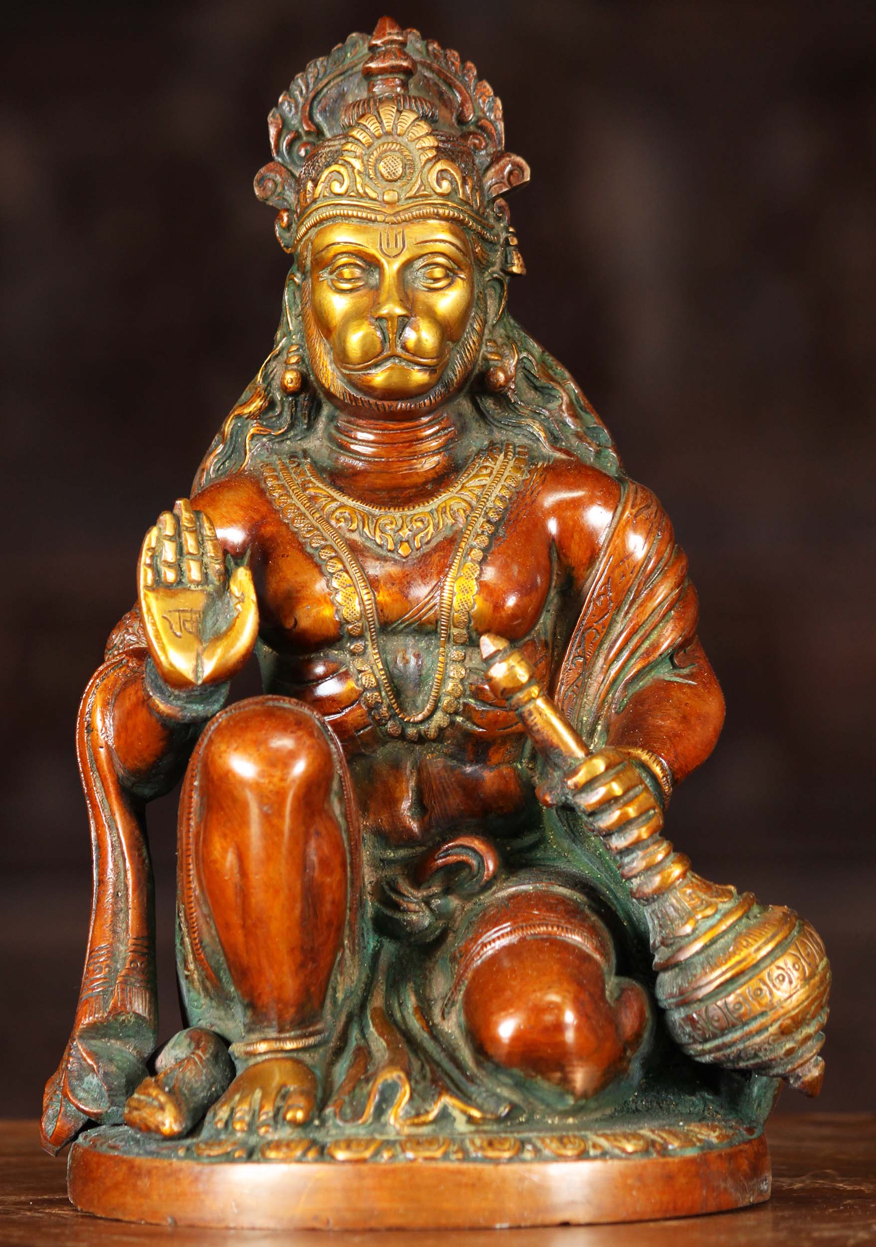 Hanuman, the Hero of the Ramayana, Brass Statue Kneeling in the Abhaya Mudra Holding a Club 9" Questions & Answers