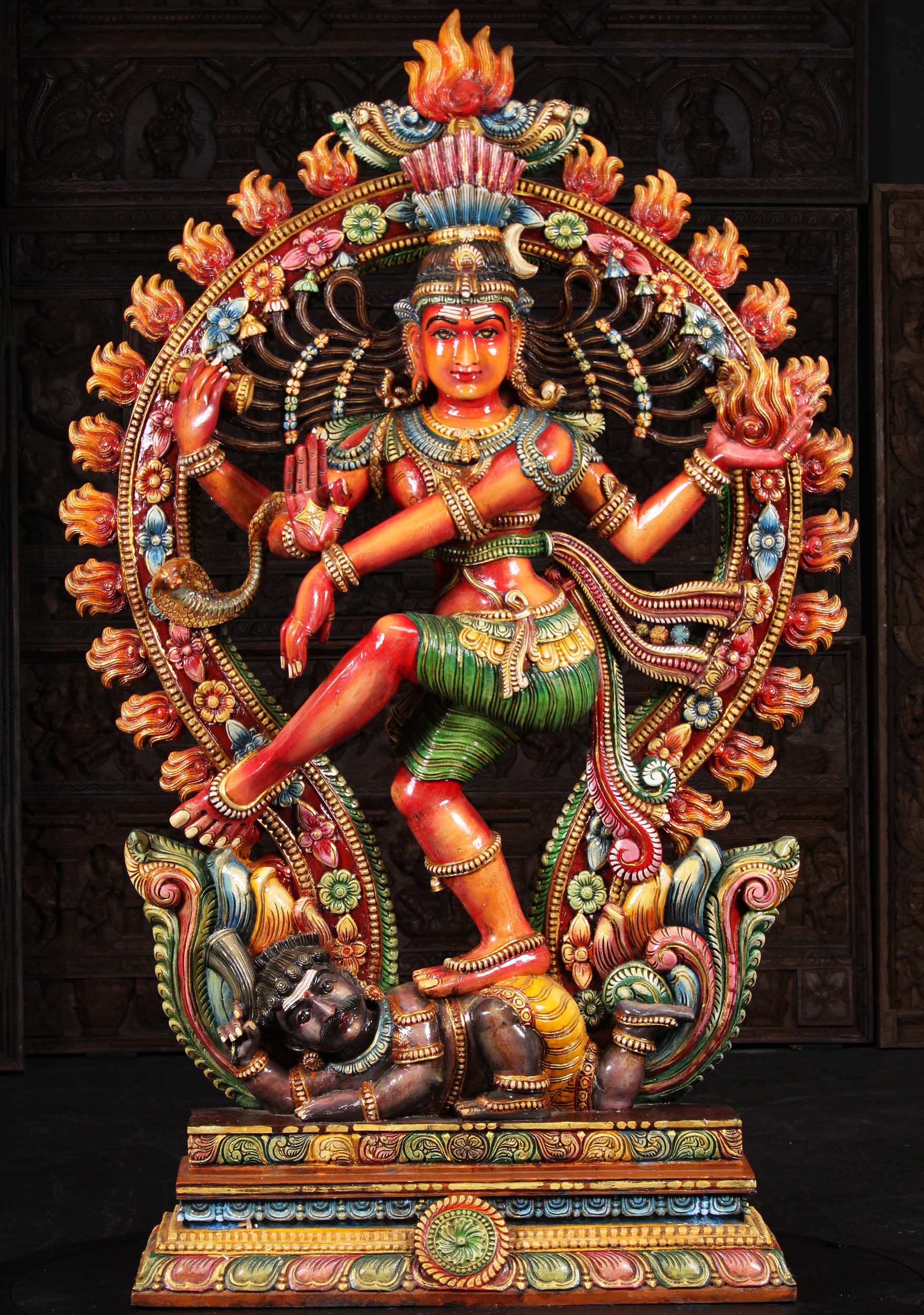 Large Wood Dancing Shiva as Lord of Dance, Nataraj with Flame Arch Hand Carved in India 71" Questions & Answers