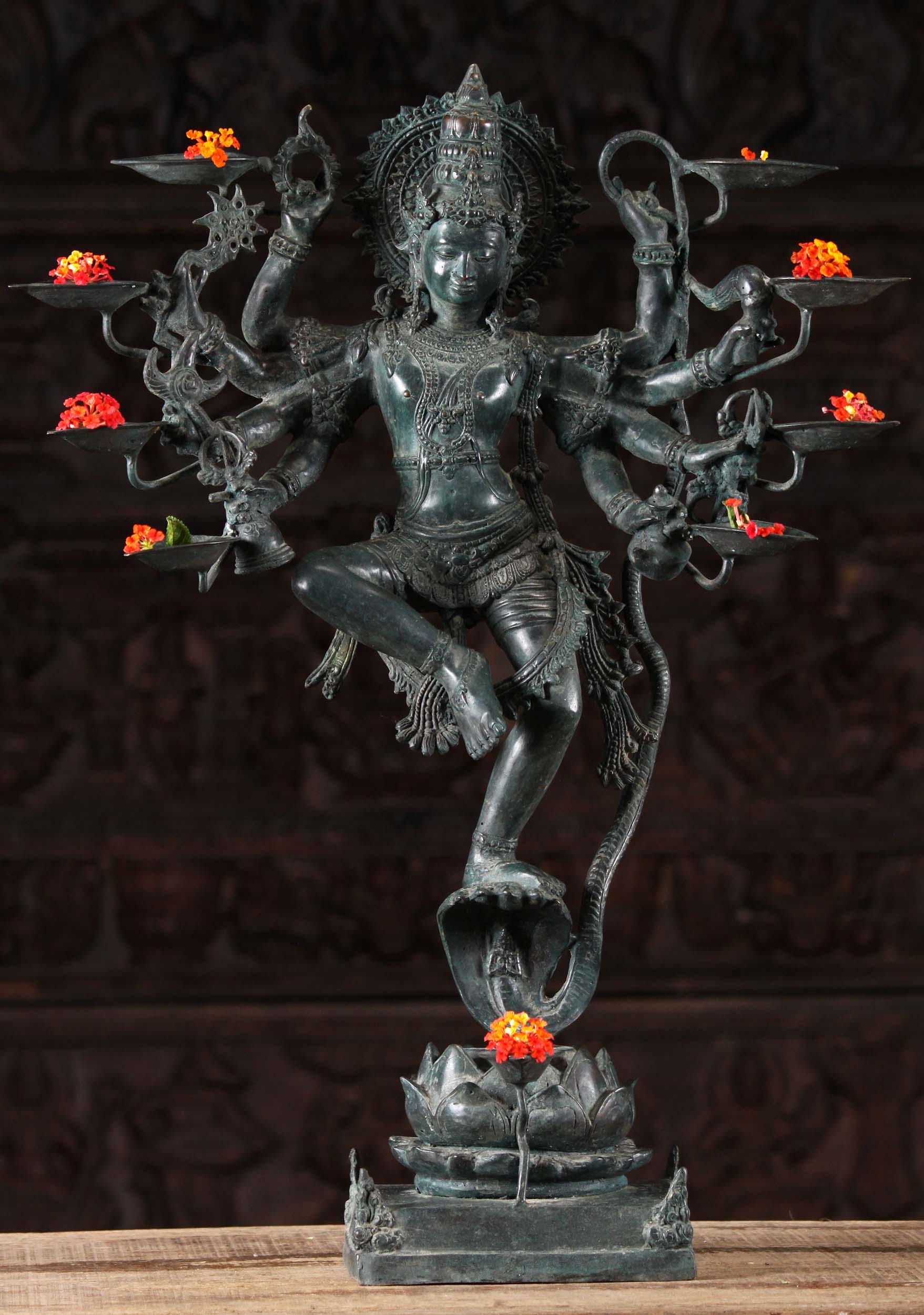 Brass Krishna Statue Dancing on Serpent Kaliya with 9 Oil Lamps Perfect for Diwali 25" Questions & Answers