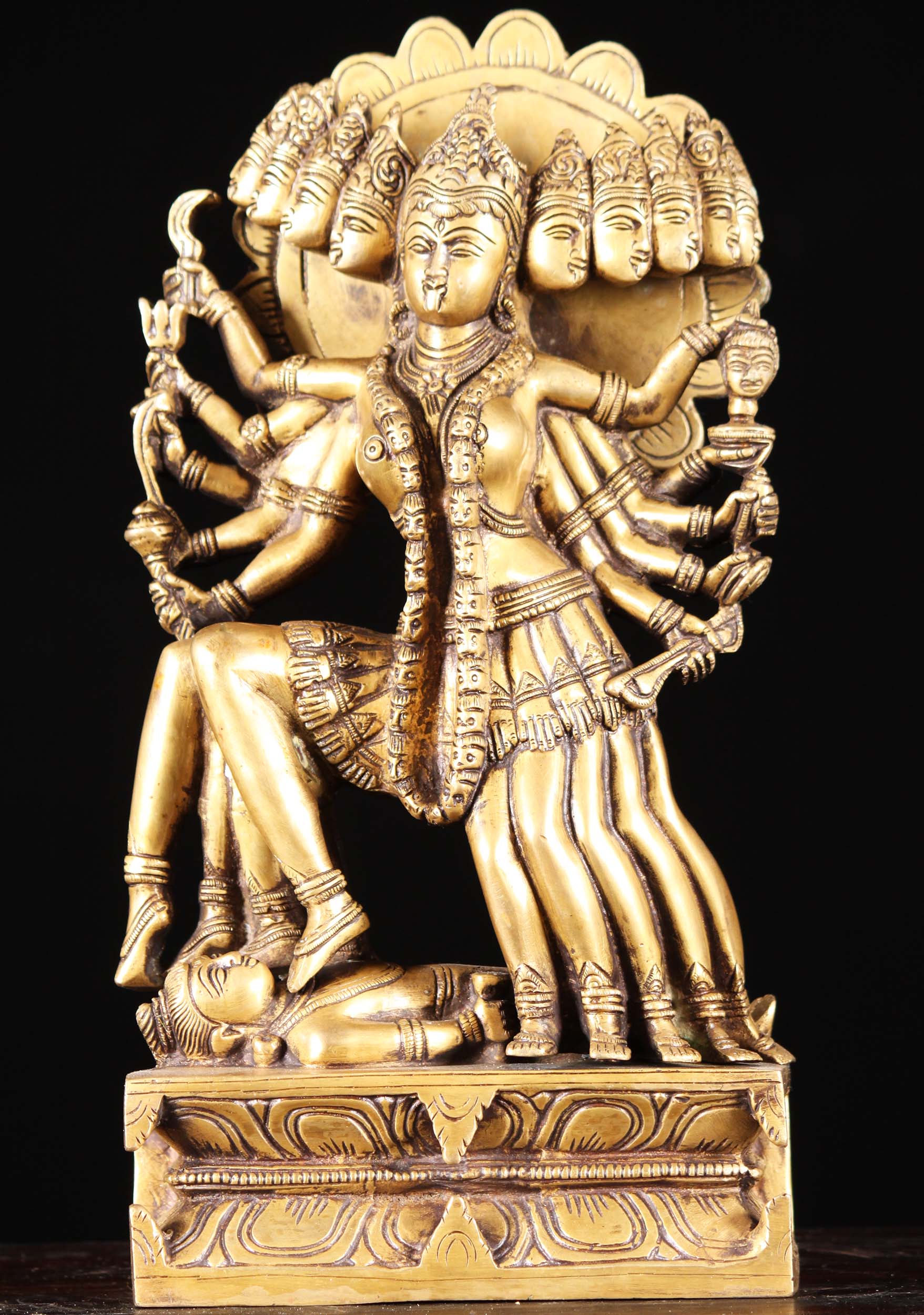 Hindu Goddess Kali Statue with 10 Heads, 10 Arms & 10 Legs Standing on Shiva Cast in Brass 15" Questions & Answers