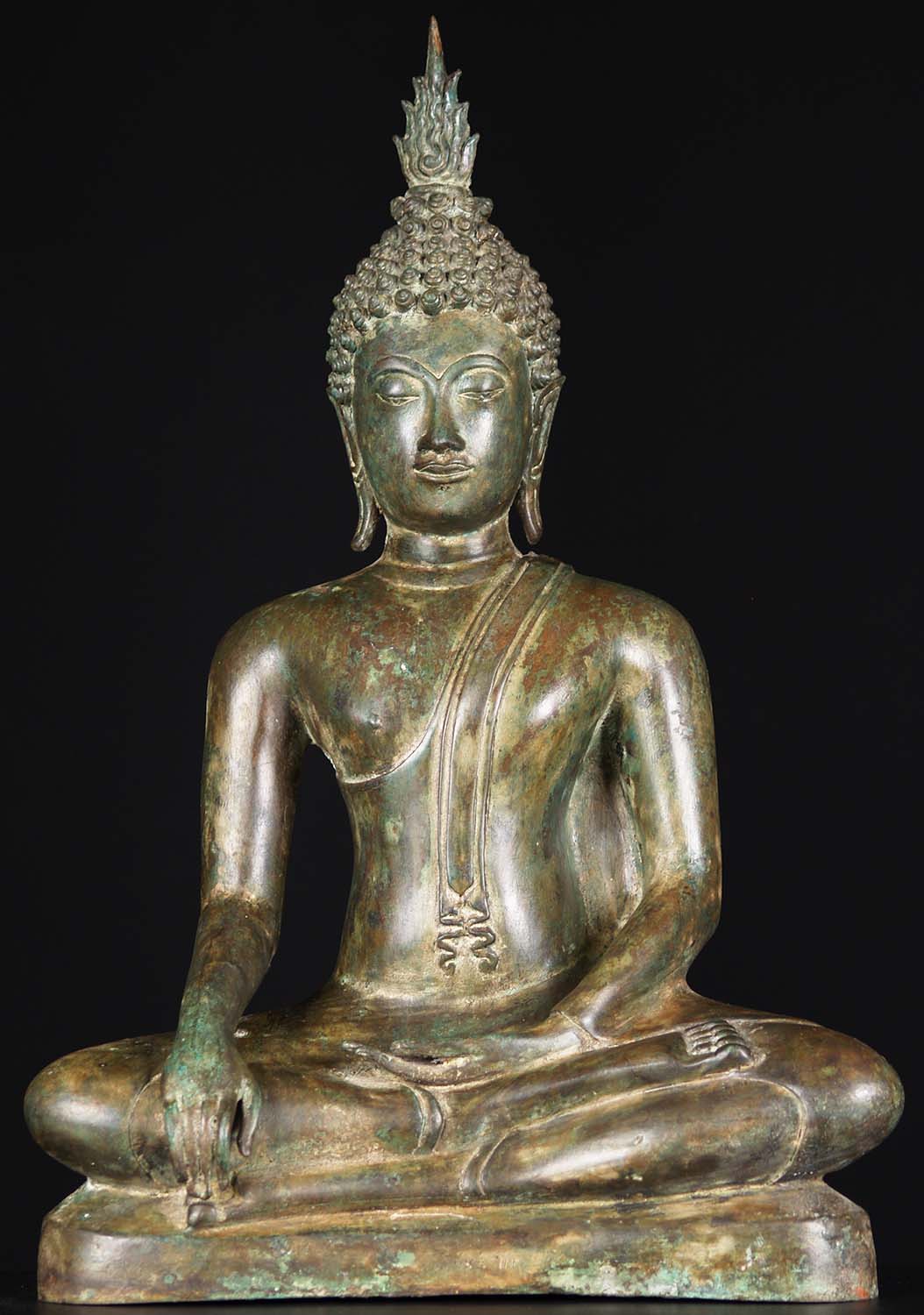 SOLD Brass Sukhothai Earth Touching Buddha Statue Seated in Ardhapadmasana with Flame Finial 18" Questions & Answers