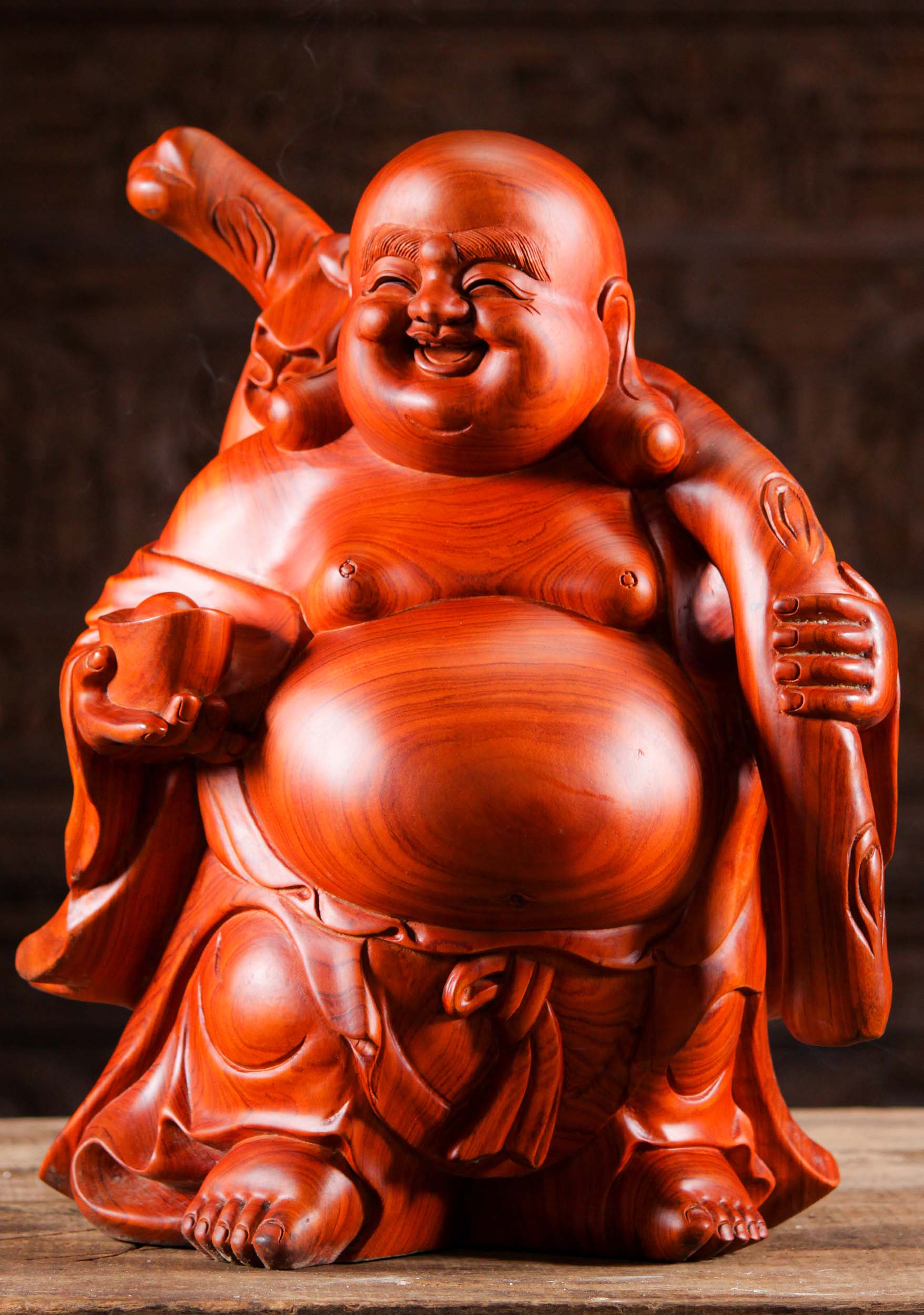 Wood Jolly Fat & Happy Buddha of Wealth Holding Sack of Gold Hand Carved in Vietnam 19" Questions & Answers