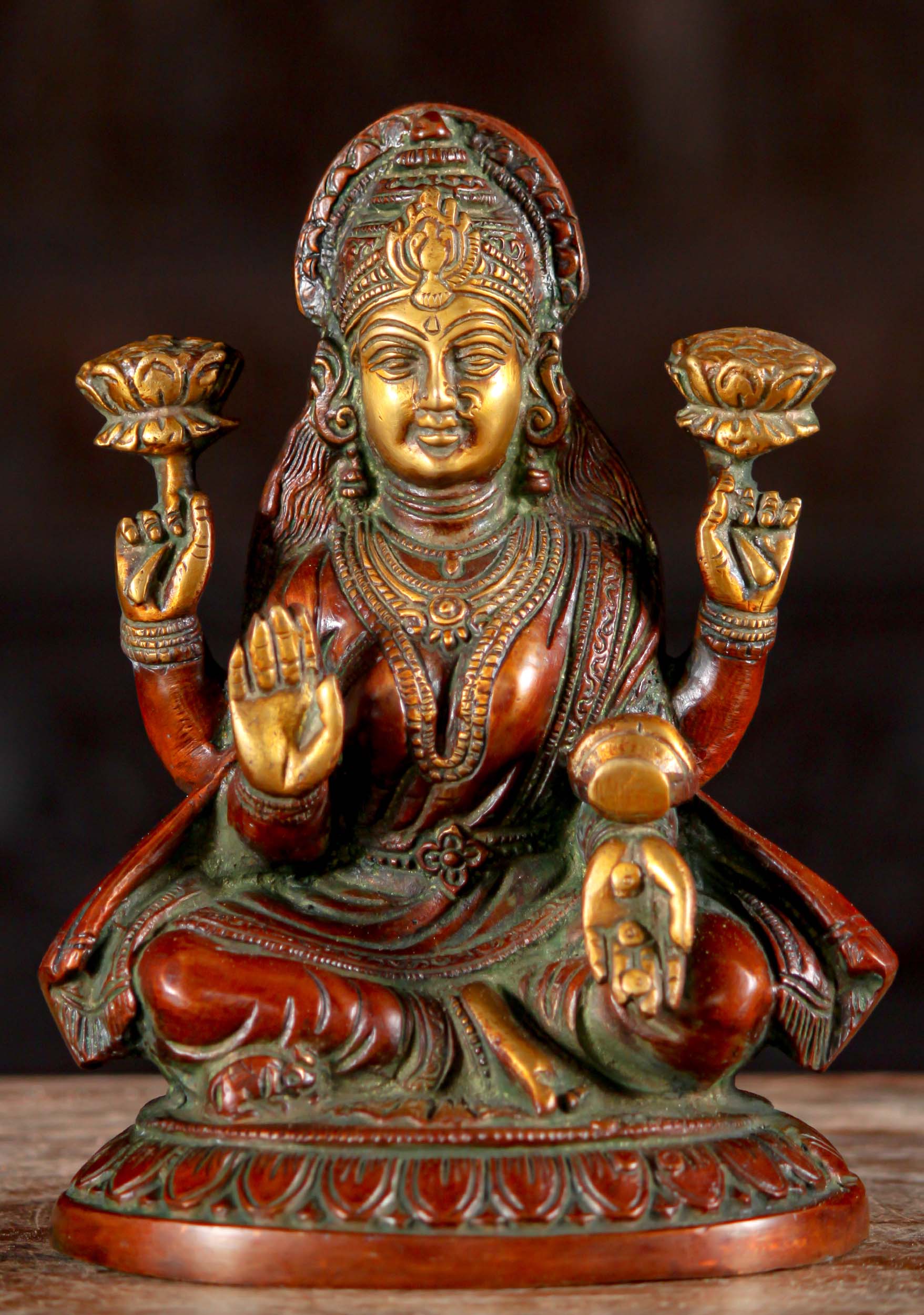 Brass Lakshmi Holding Two Lotus Flowers with Overflowing Money Pot Statue 8" Questions & Answers