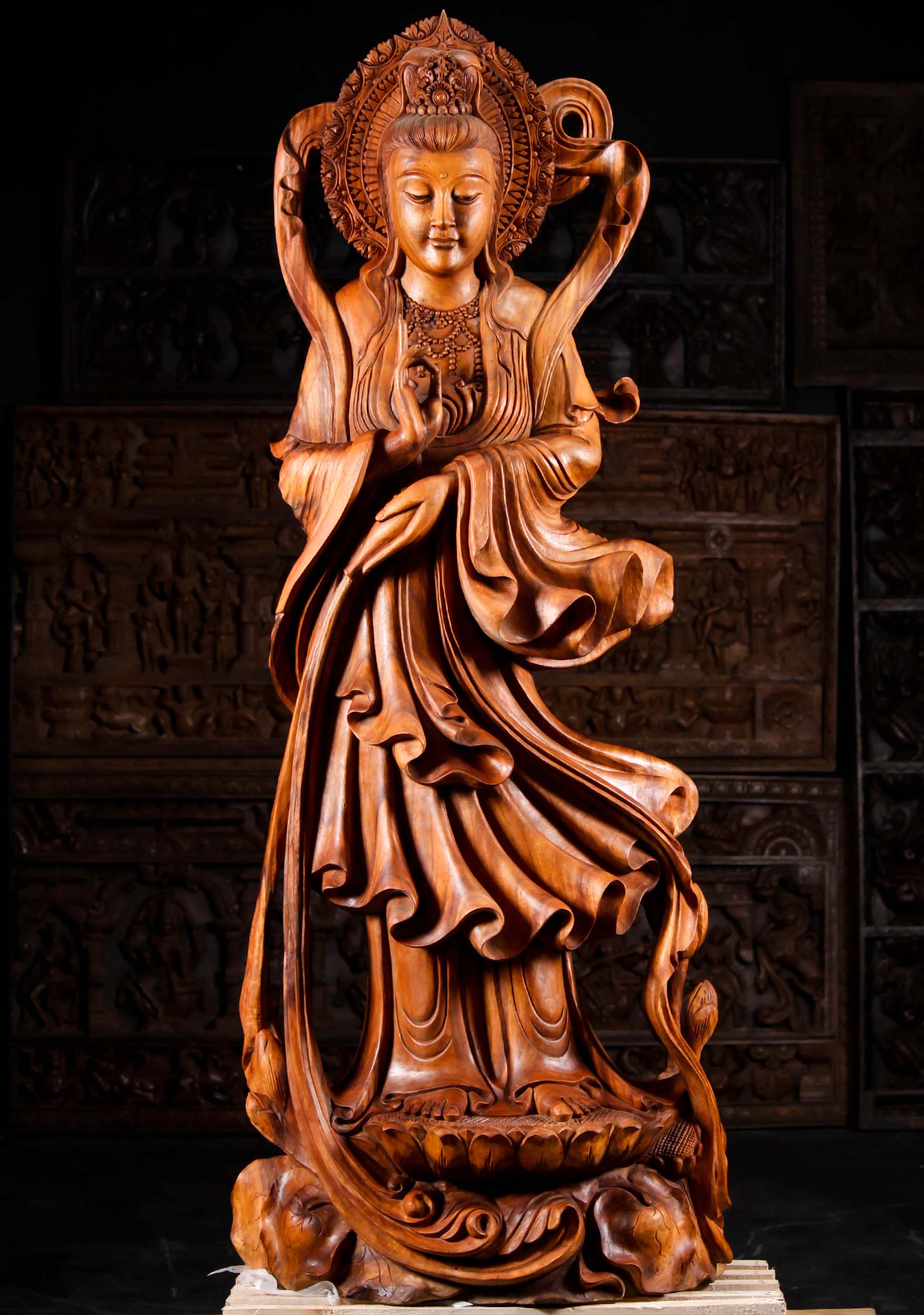 SOLD Wooden Kwan Yin Vitarka Mudra Statue 79" Questions & Answers