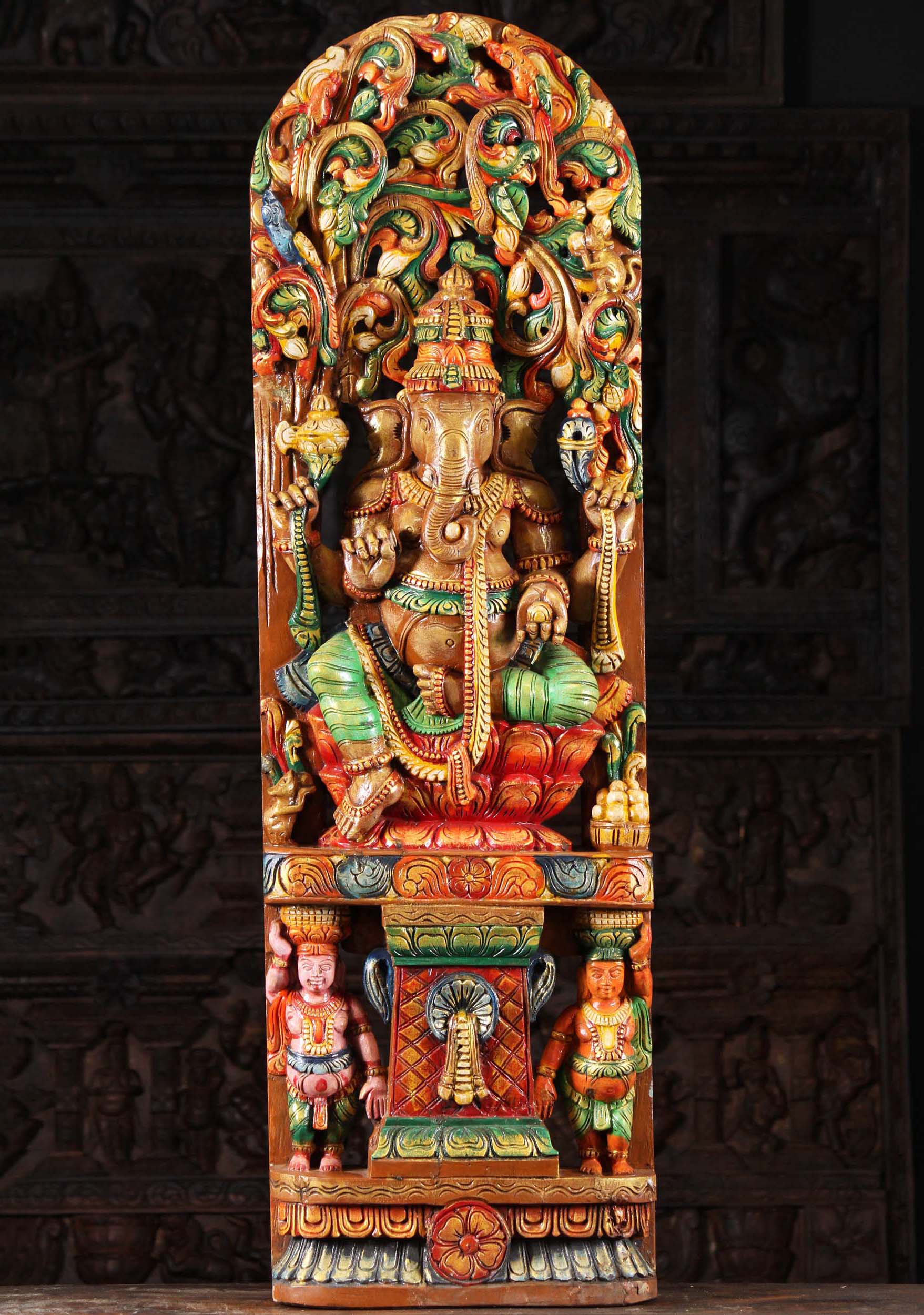 SOLD Wood Hindu God Ganesh Carving With 2 Dwarf Ganas Under Canopy 2 Parrots & Squirrel 48" Questions & Answers