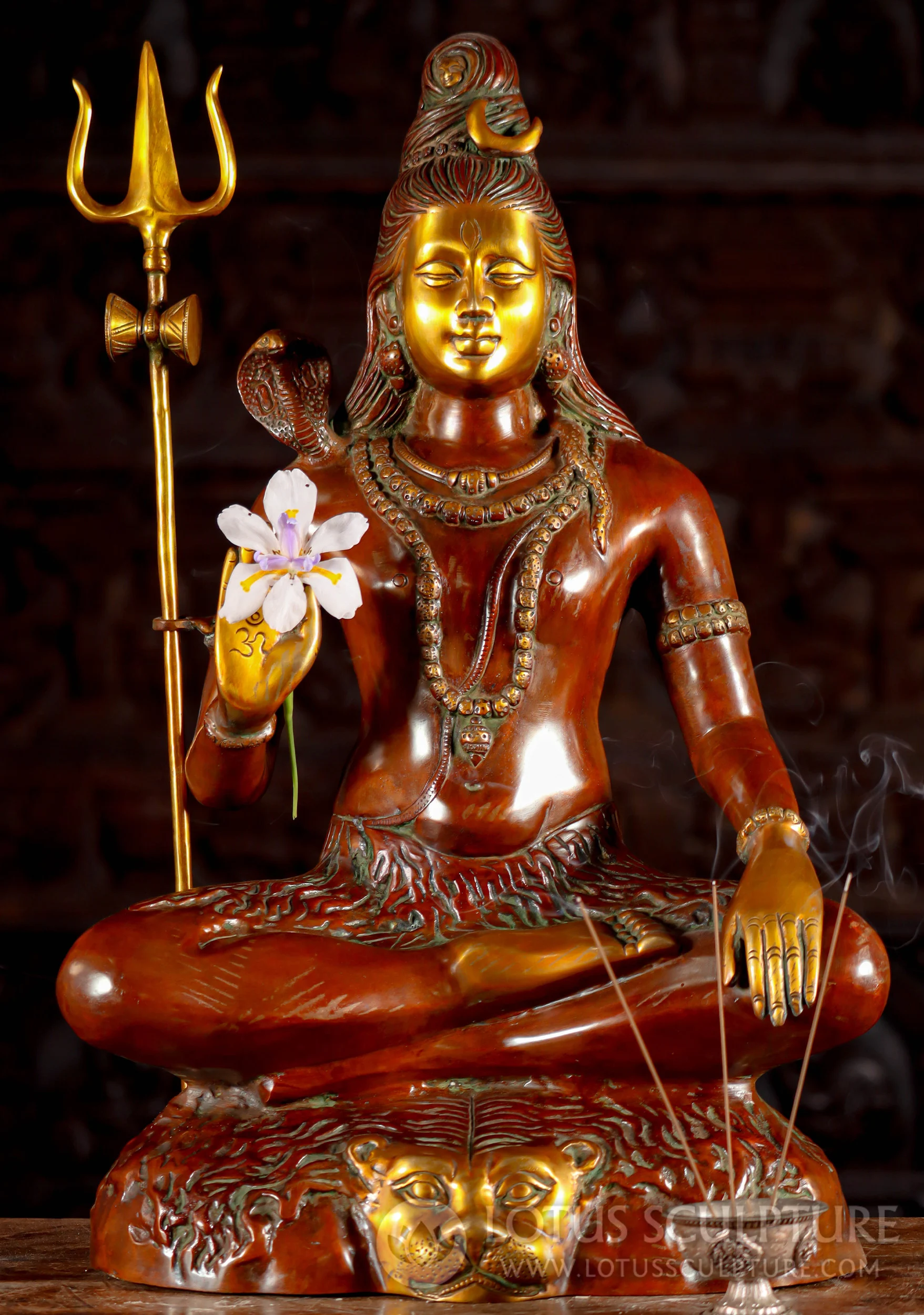 Brass Shiva Statue with Right Hand in Abhaya Mudra with Trident Seated on Tiger Skin 24" shipping cost to New Zeand