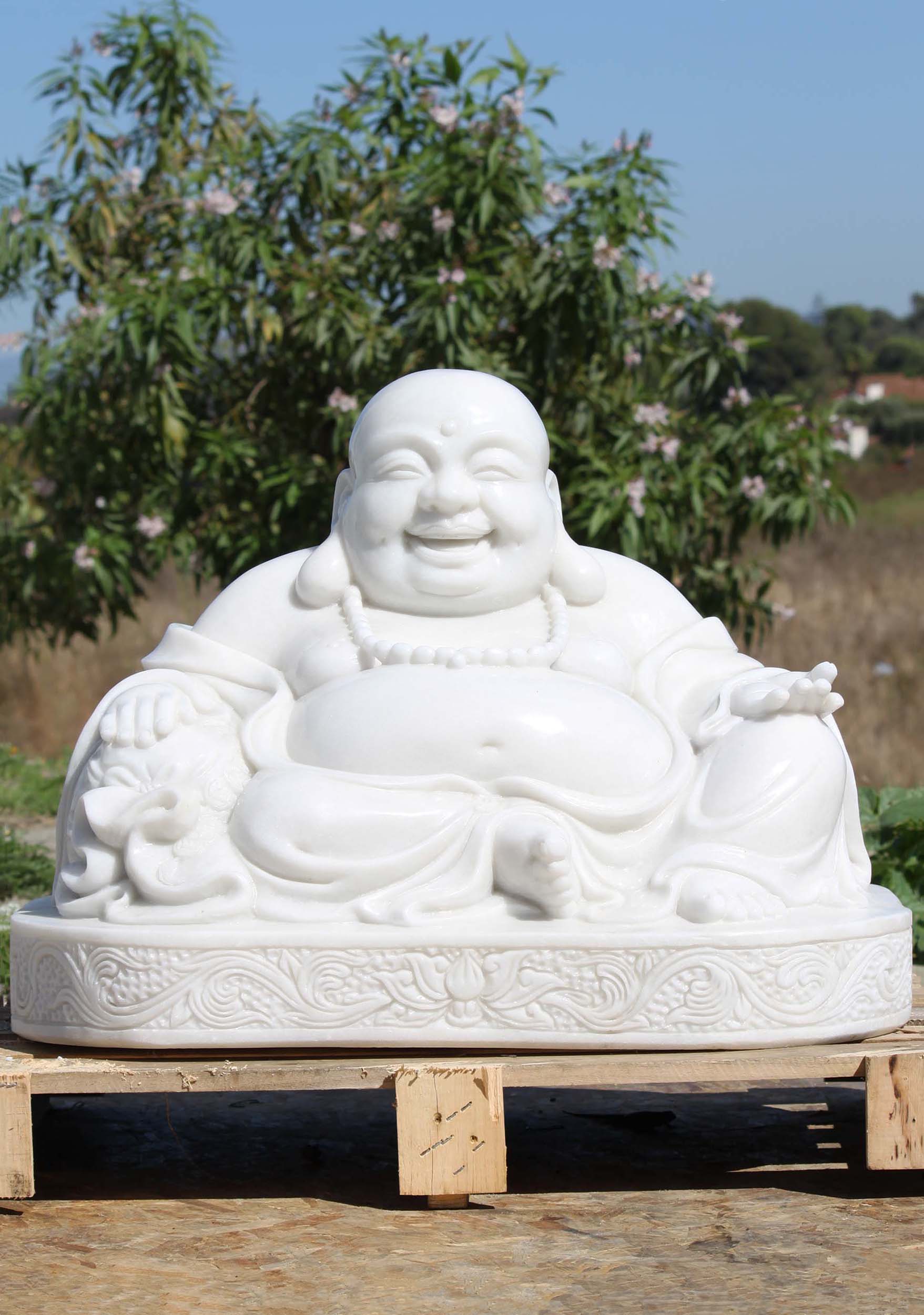 SOLD Hand Carved White Marble Fat & Happy Hotei Buddha of Wealth & Prosperity Garden Statue 20" Questions & Answers