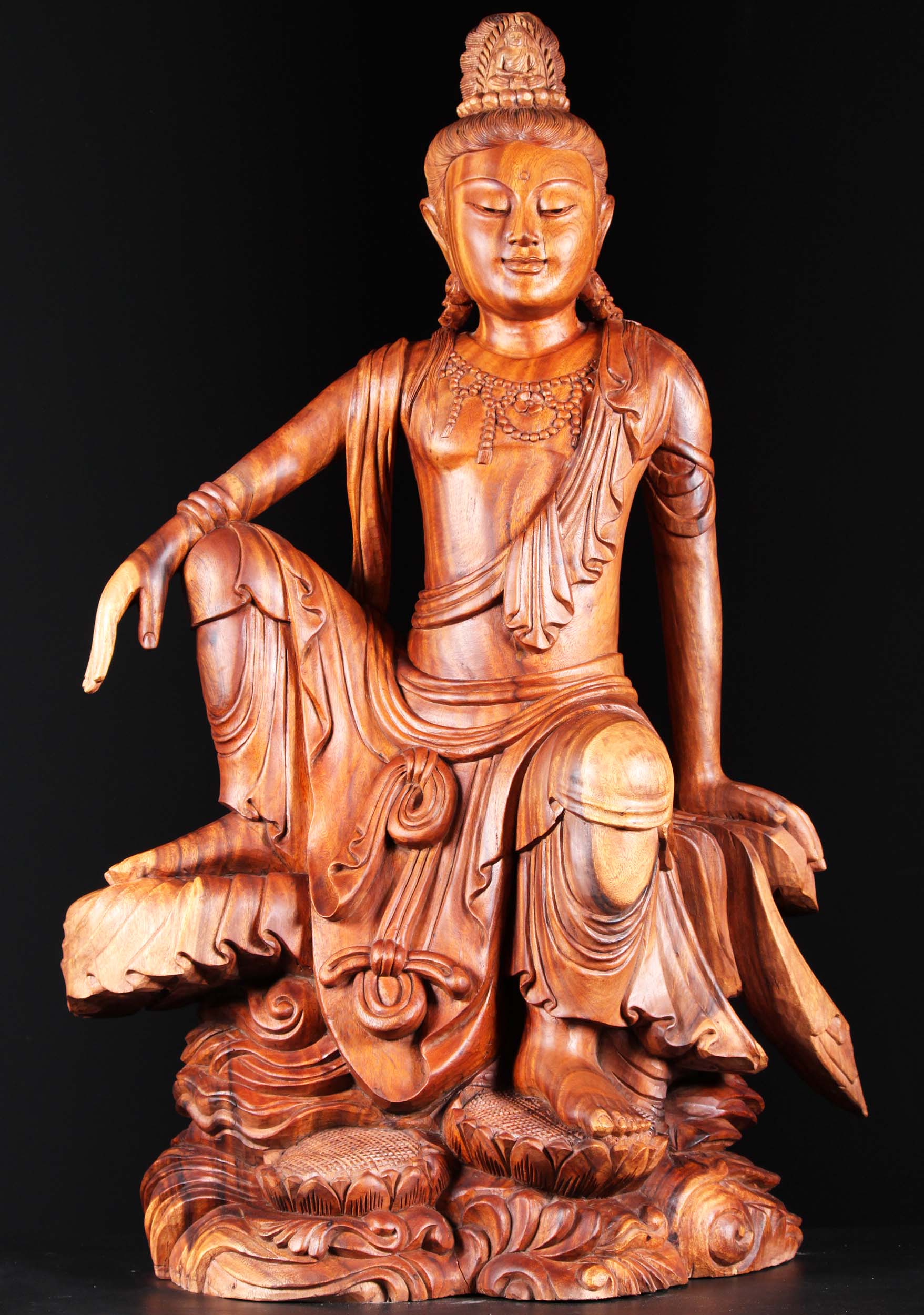 SOLD Wooden Seated Bodhisattva Avalokiteshvara Sculpture Relaxing with Arm Resting on Leg 44" Questions & Answers