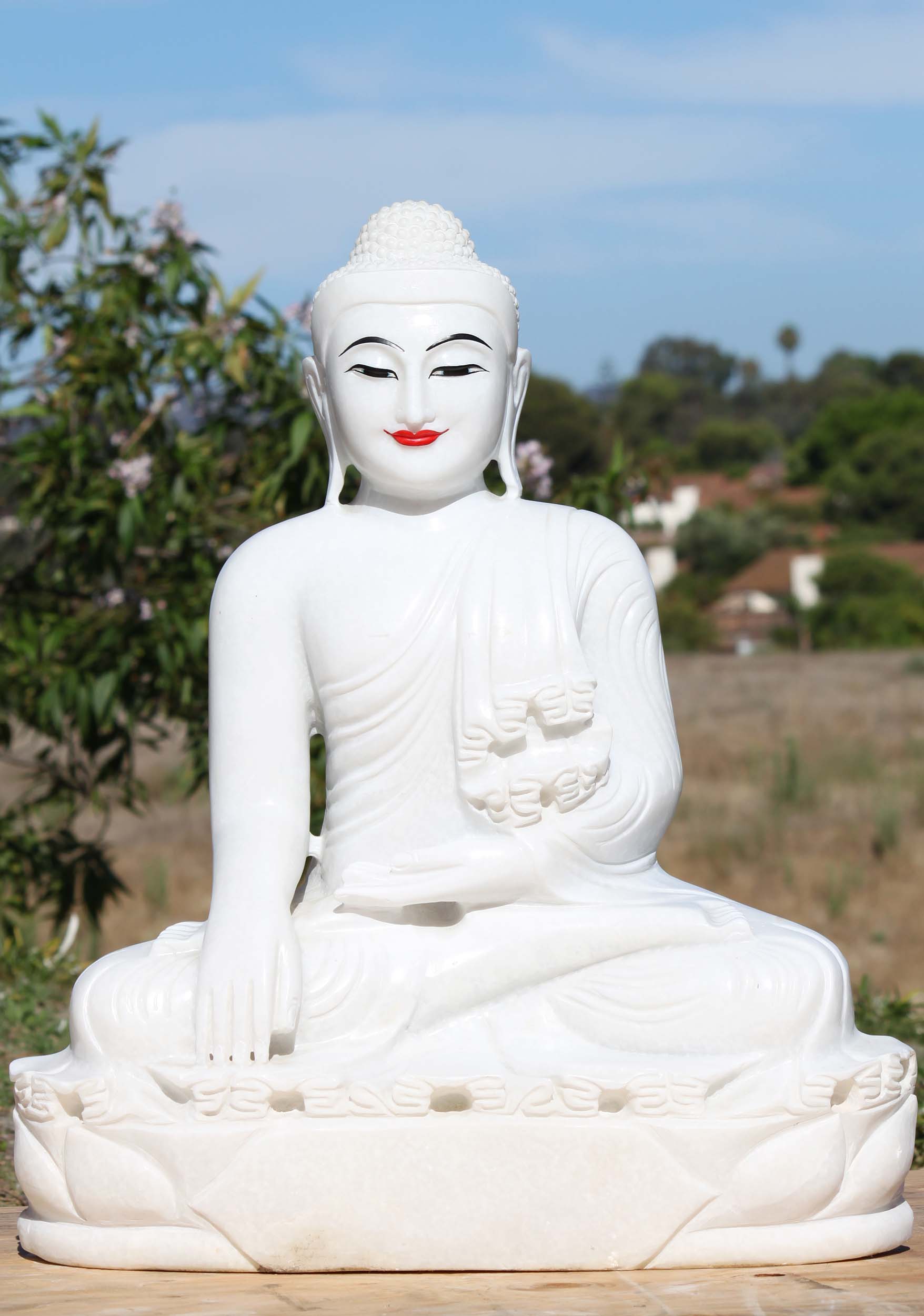 Burmese White Alabaster Buddha Statue with Painted Face Perfect for the Garden 29" Questions & Answers