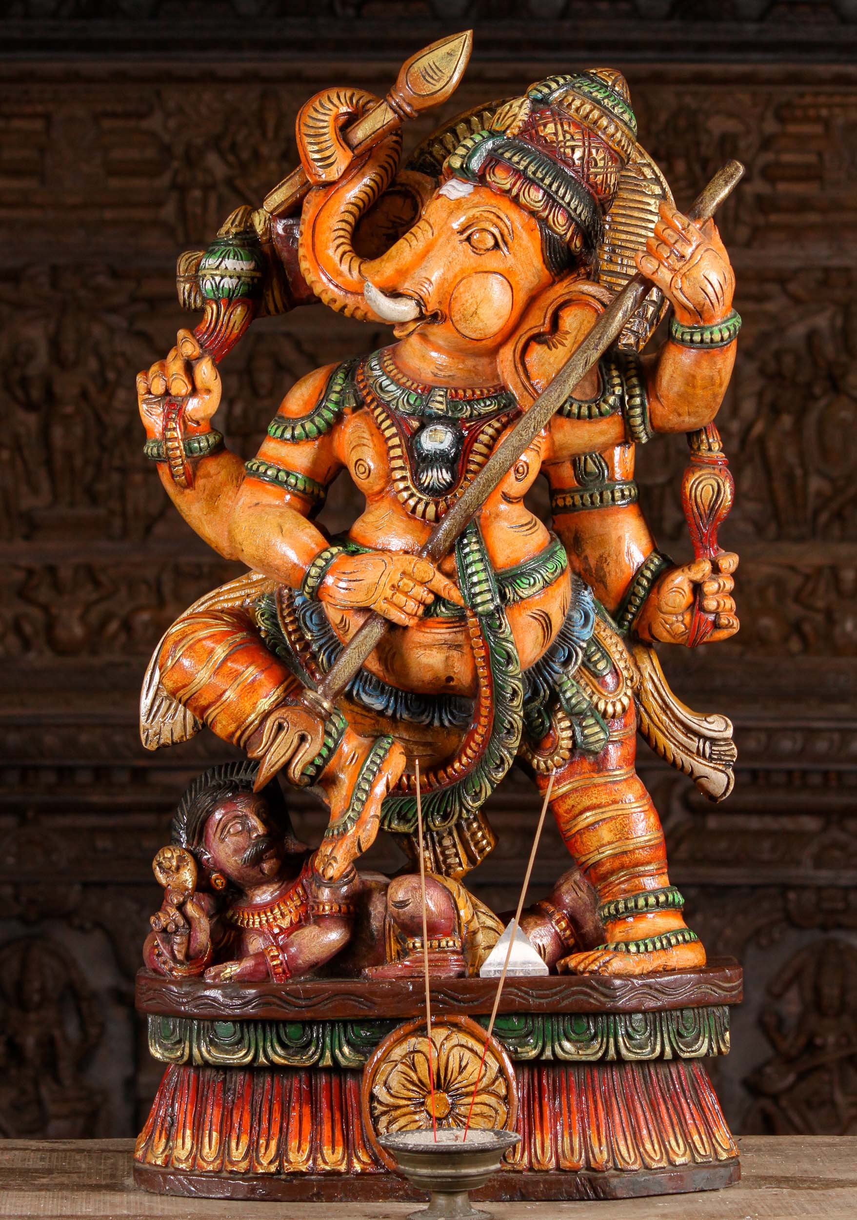 Wood Warrior Ganesh Statue Holding Trident Poised at Dwarf with Spear in Trunk 36" Questions & Answers