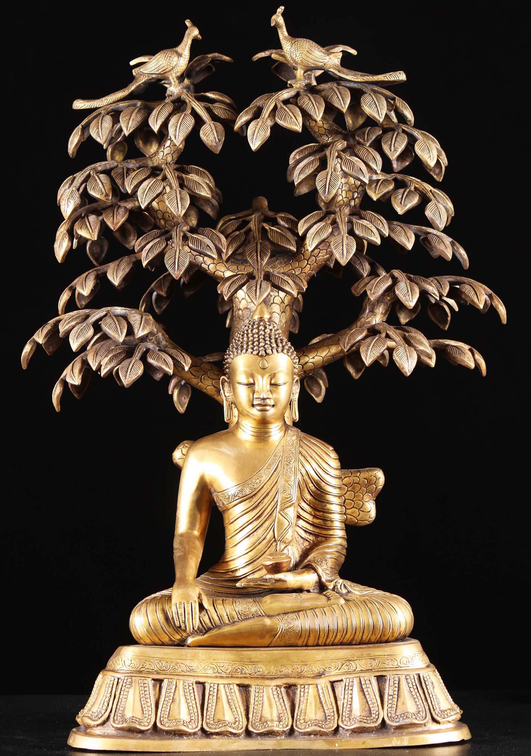 Brass Earth Touching Buddha Seated Under Tree Holding Alms Bowl with Two Peacocks 31" Questions & Answers