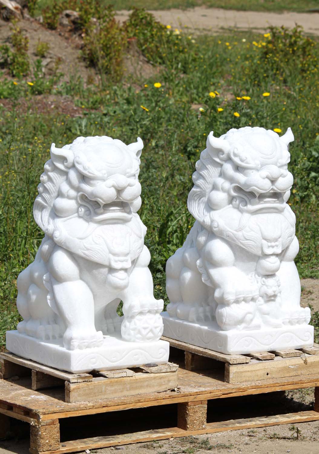 Pair of White Marble Shishi Guardian Lions, Guardian Foo Dogs Hand Carved in Vietnam 31" Questions & Answers