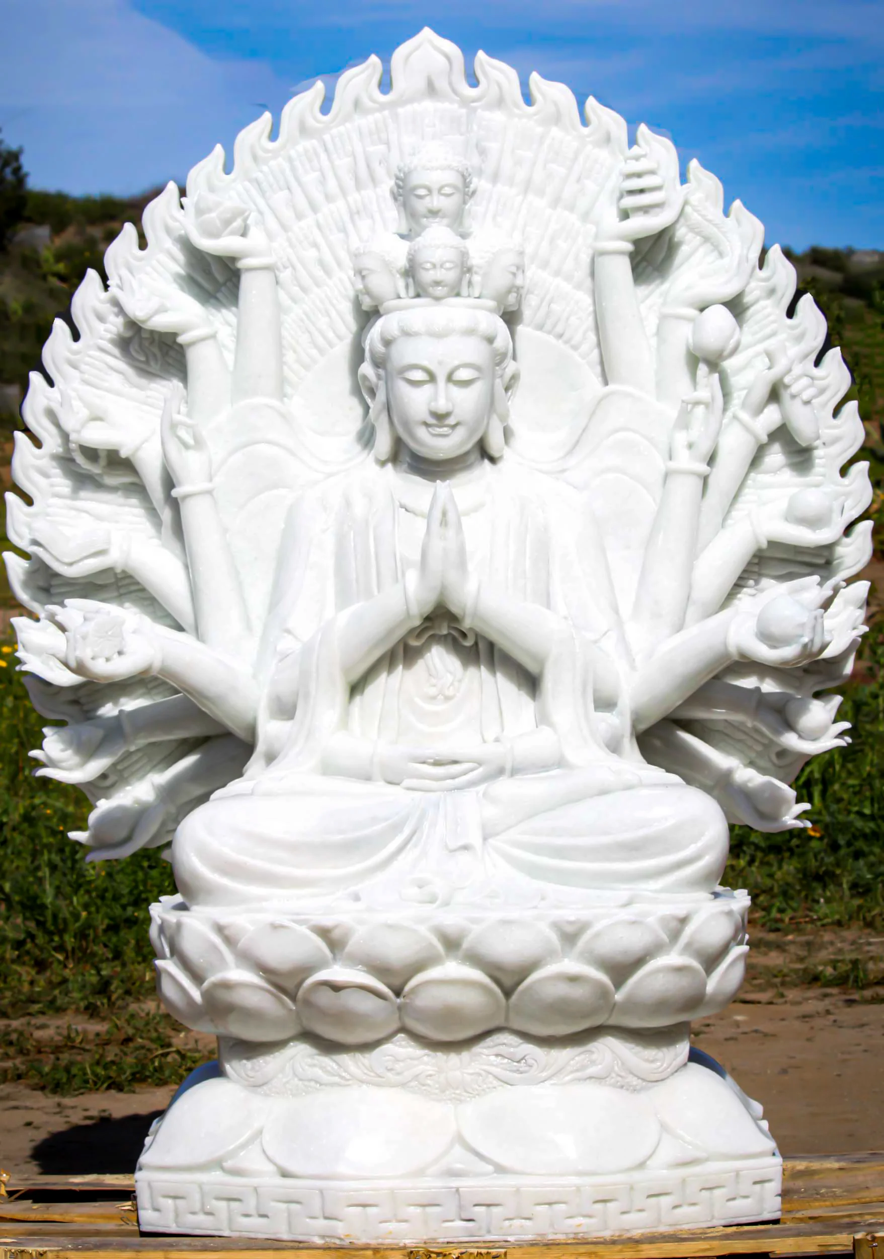 SOLD Exquisite White Marble Carving of the 1,000 Armed Bodhisattva Avalokiteshvara Statue 66" Questions & Answers