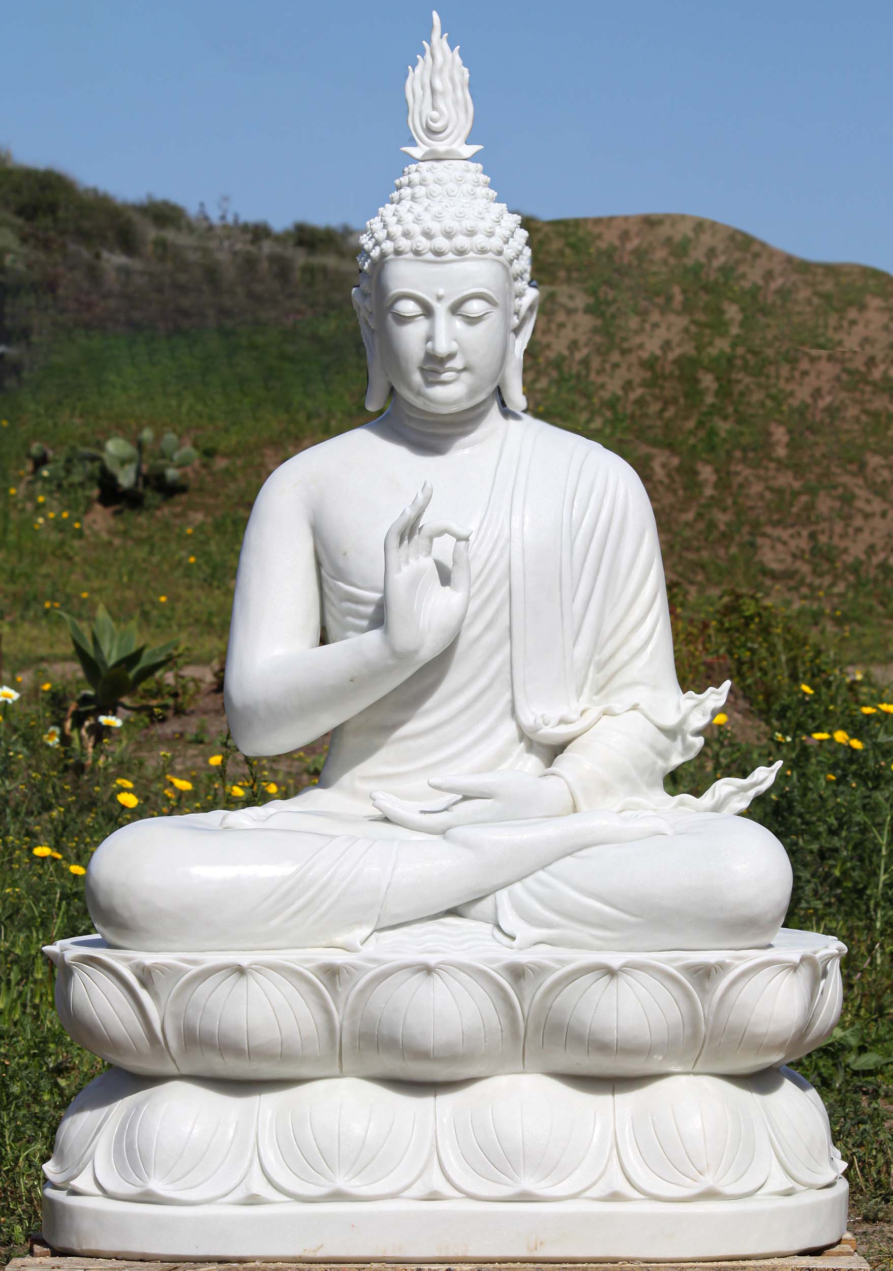 Large White Marble Teaching Buddha Statue with Beautiful Flame Finial on Lotus Base 66" Questions & Answers