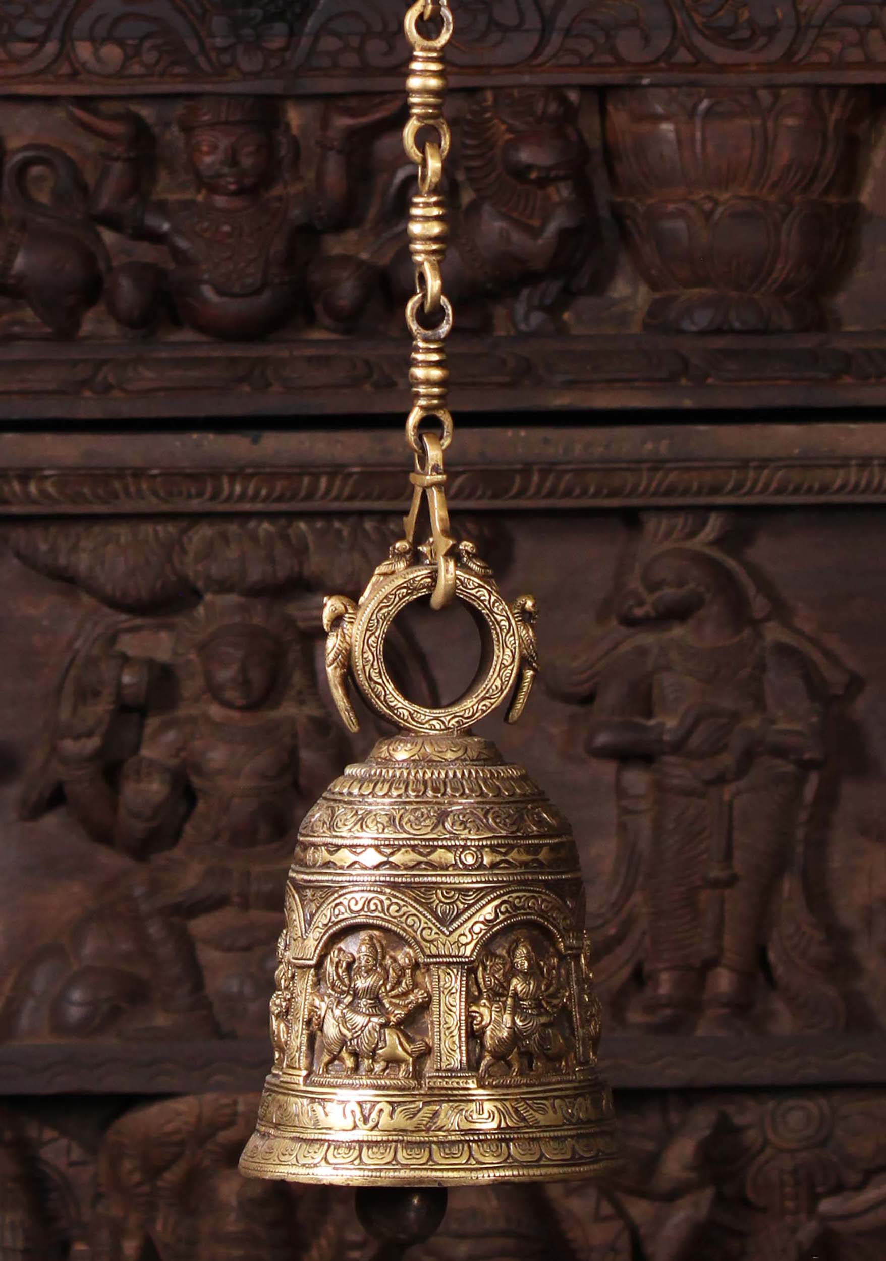 Brass Puja Bell with 6 Depictions of the Hindu Goddess Durga Statue with 4 Peacocks 34" Questions & Answers