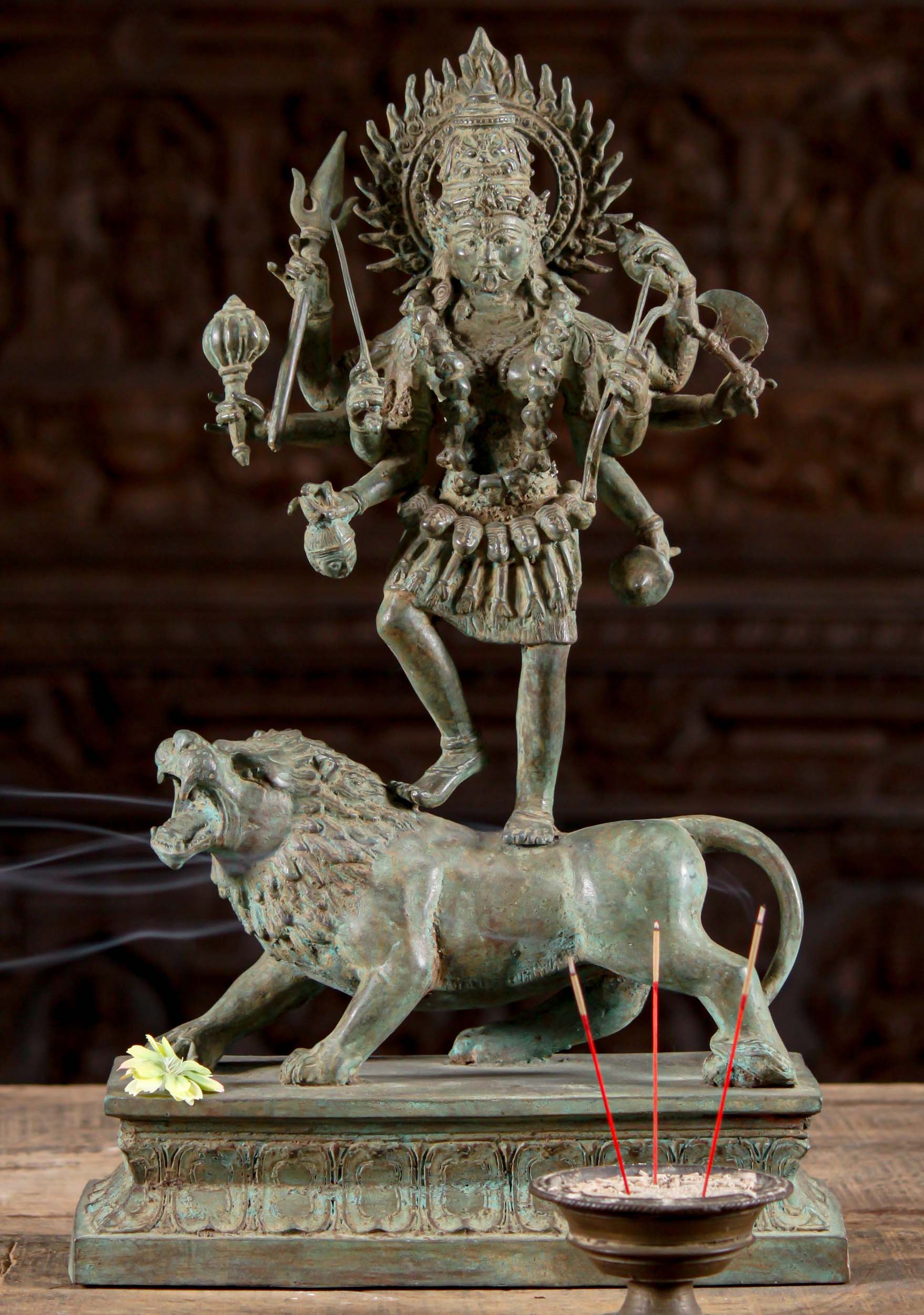 SOLD Antique Green Patina 8 Armed Kali Standing on Top of Roaring Lion 18" Questions & Answers