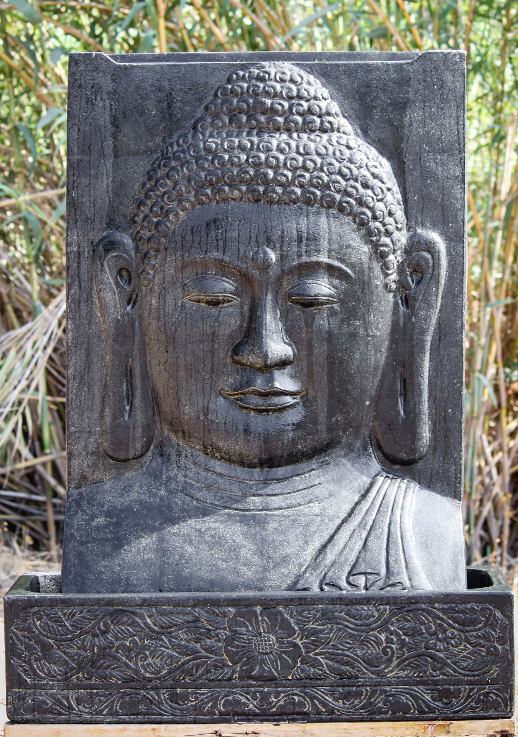 Buddha Face Fountain with Lotus Catch Basin Perfect Water Feature for the Garden 58" Questions & Answers