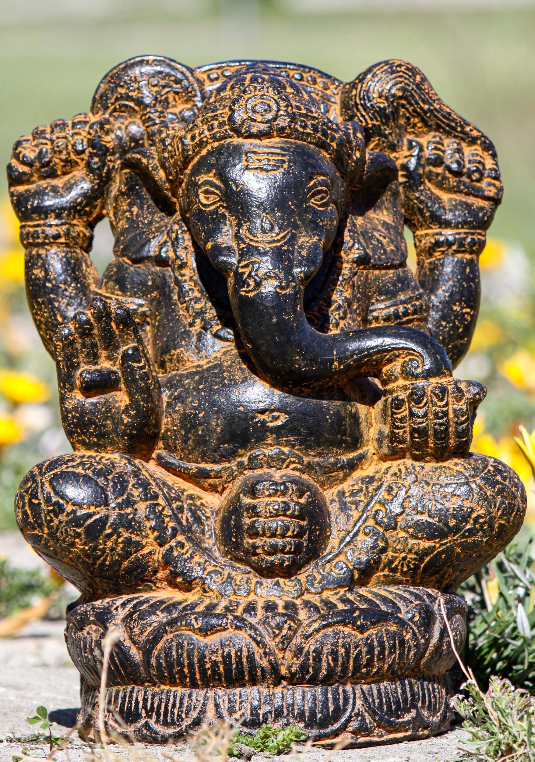 SOLD Affordable Abhaya Mudra Garden Ganesh Hindu Statue with OM Symbol on His Trunk 16" Questions & Answers