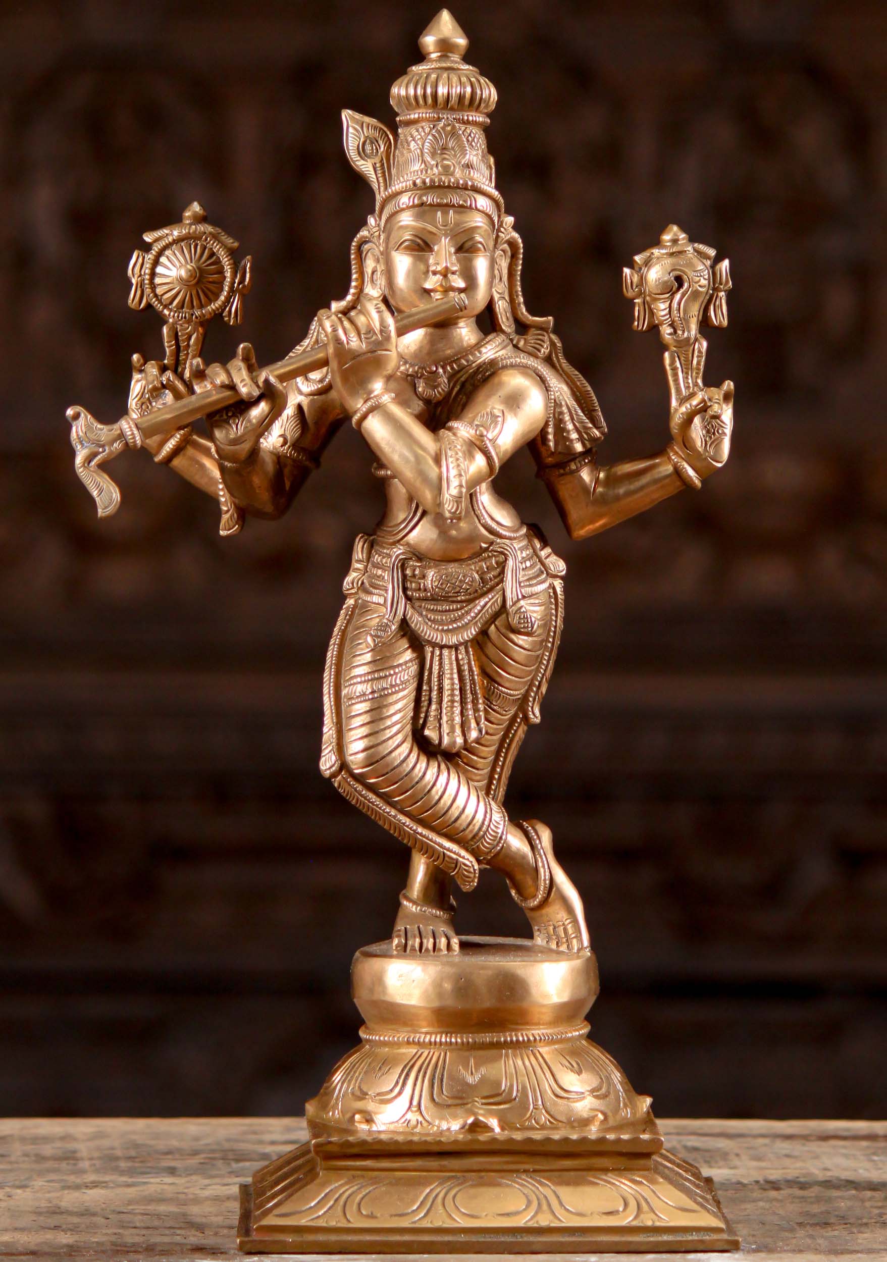 Polished Golden Bronze Venugopal Statue the Synthesis of Krishna & Vishnu in 1 Form 17" Questions & Answers