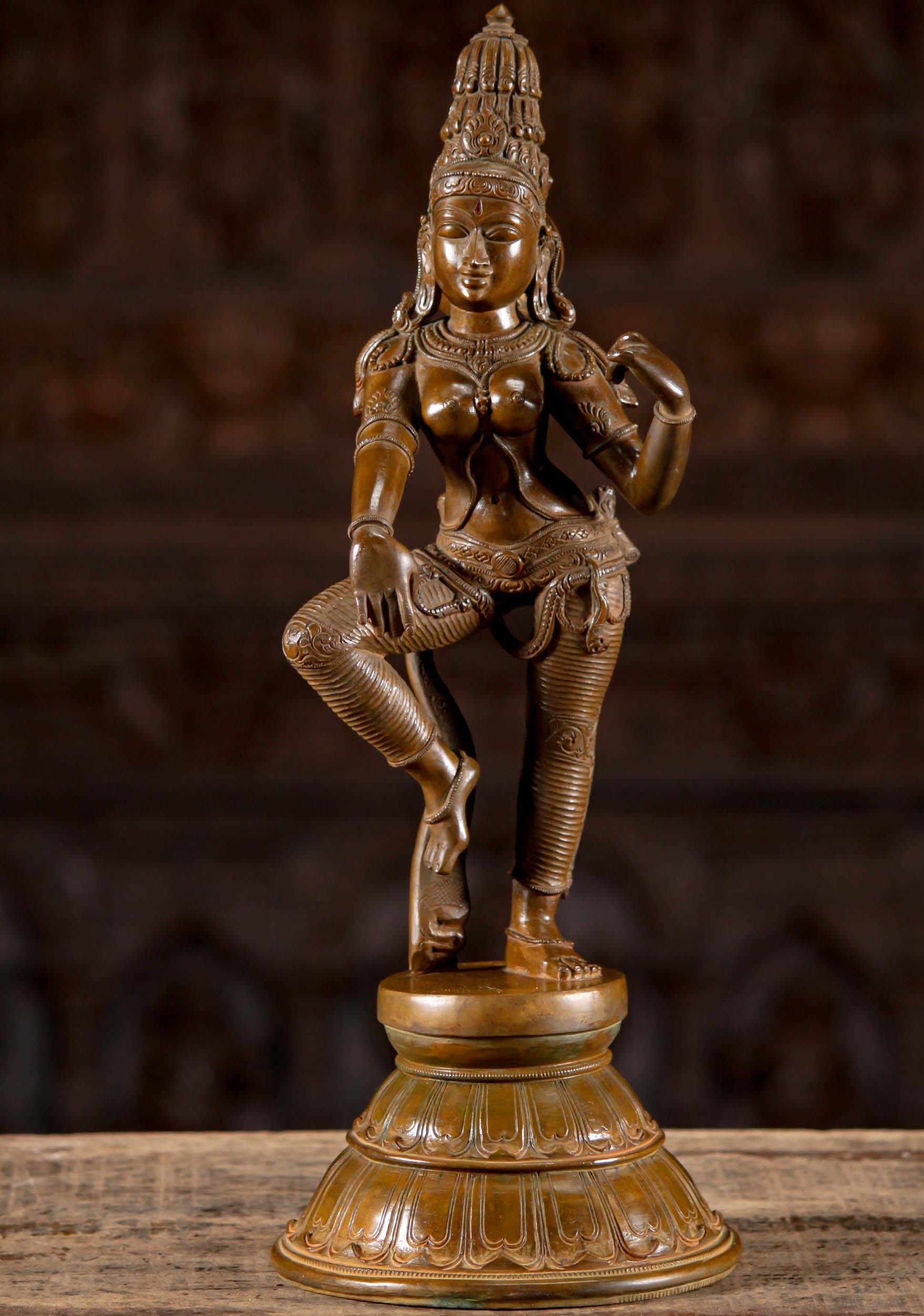 Bronze Hindu Goddess Parvati Statue with Right Leg Raised in Dance Perfect for Home Altar 18.5 Questions & Answers