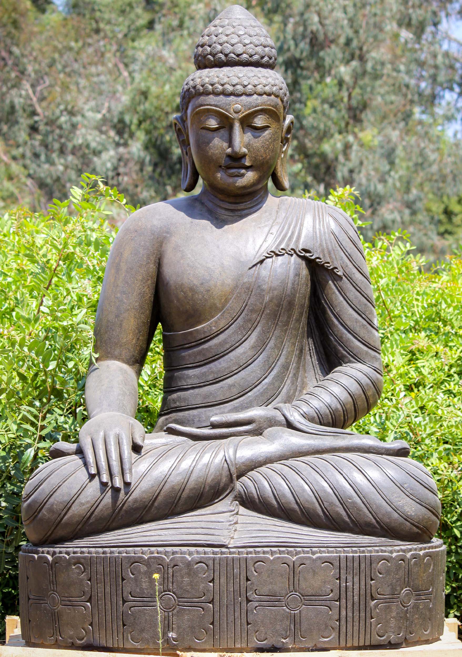 SOLD Huge Stone Earth Touching Outdoor Garden Buddha Statue in Full Lotus Seated Position 72" Questions & Answers