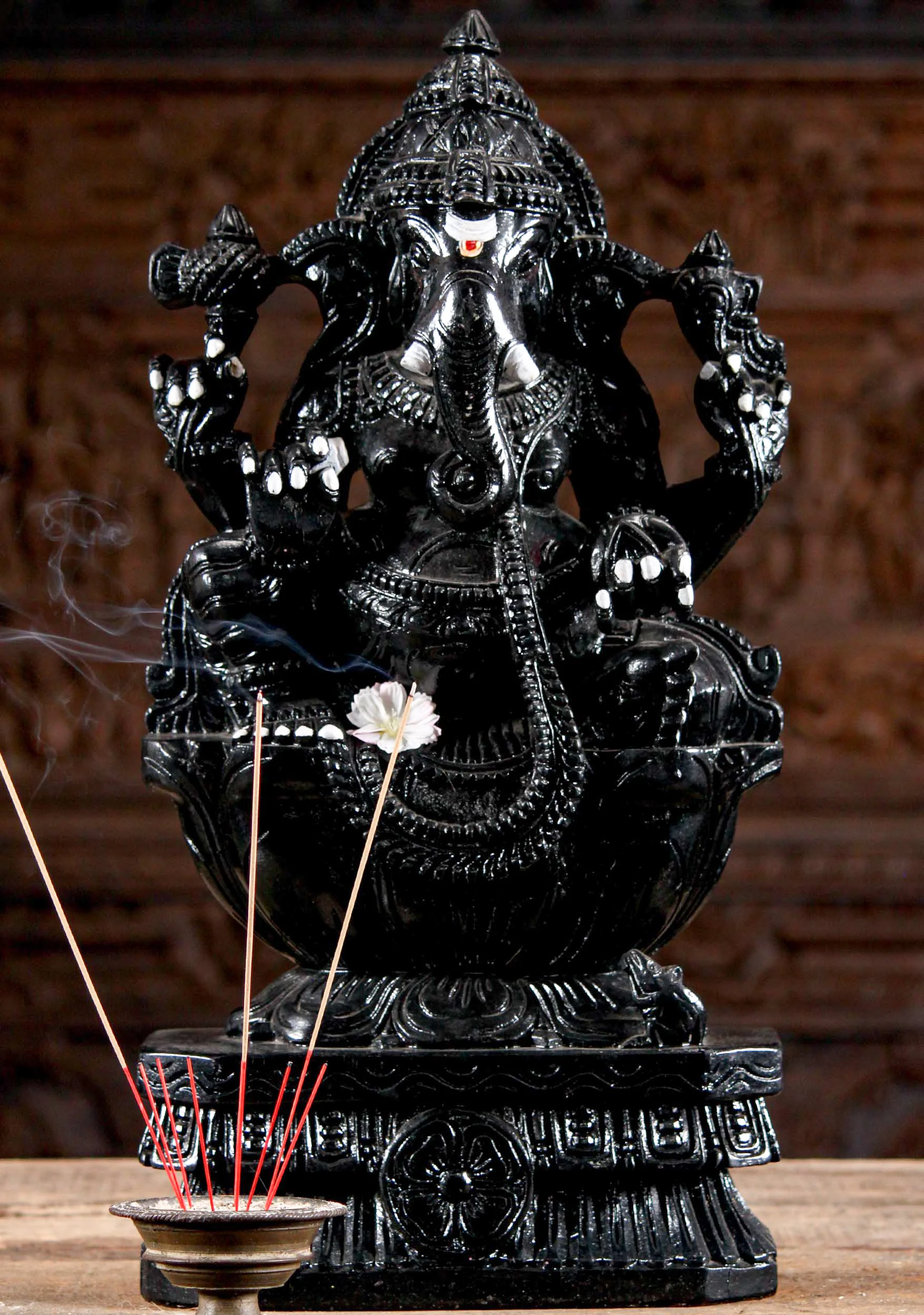 SOLD Black Hand Carved Wood Seated Ganesh Statue with White Shiva Tilak, Tripundra on Forehead 24" Questions & Answers