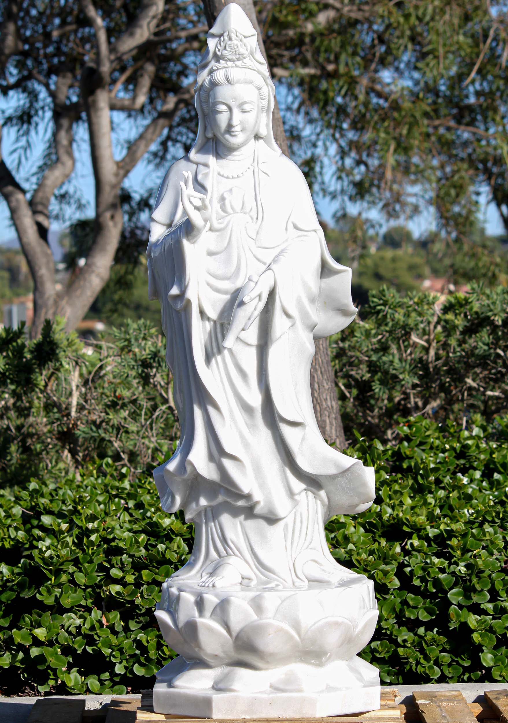 SOLD Marble Kwan Yin Bodhisattva of Compassion Wearing Flowing Robes Statue 48" Questions & Answers