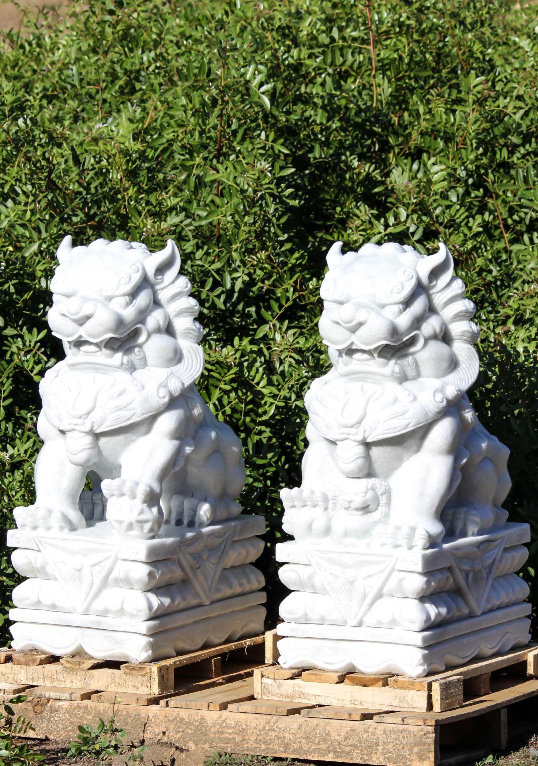 Large Pair of Hand Carved White Marble Shishi Guardian Lions Foo Dogs Sculptures 36" Questions & Answers