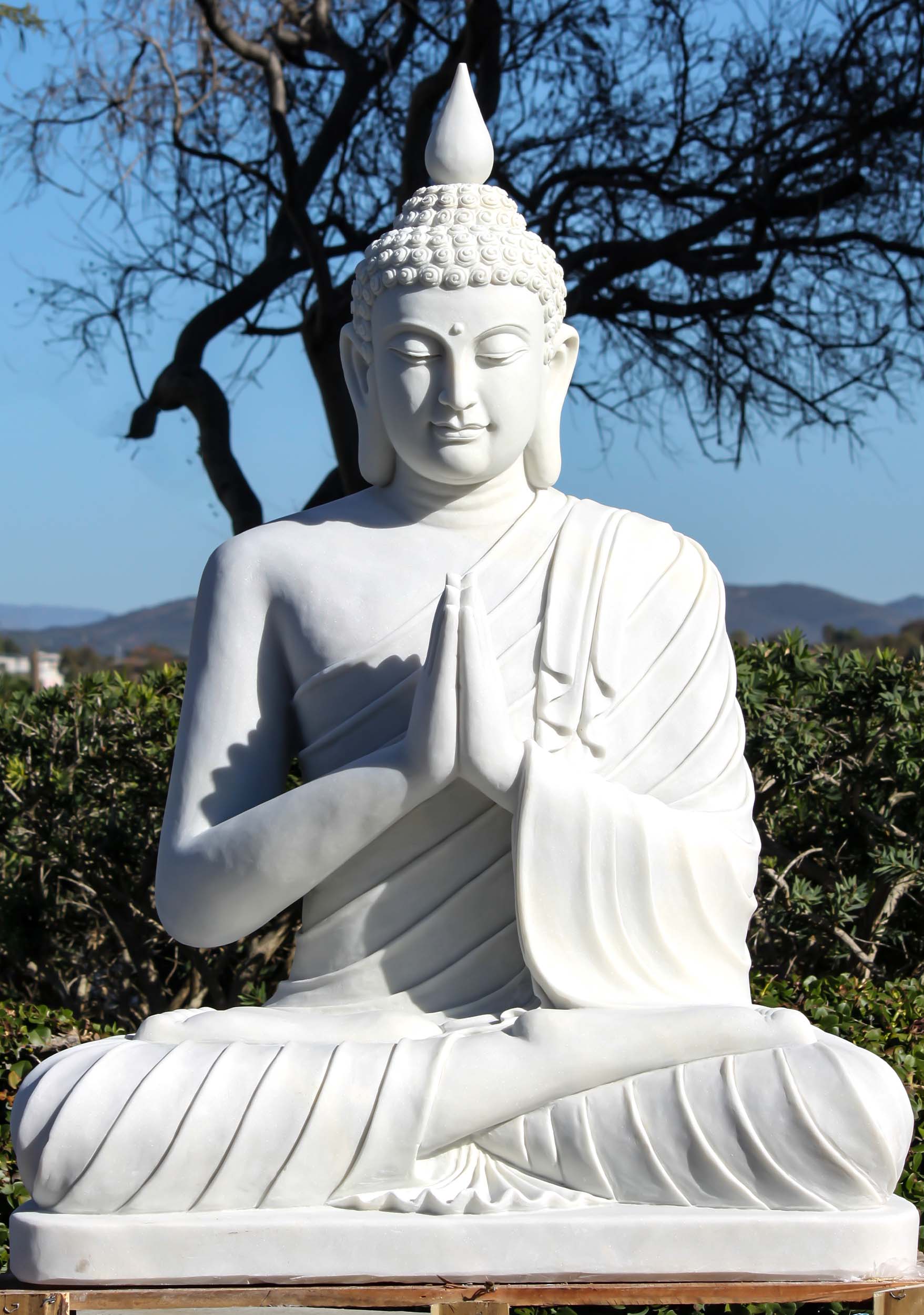 SOLD Large White Marble Garden Buddha Sculpture in Anjali Mudra or Namaste Hand Position 55" Questions & Answers