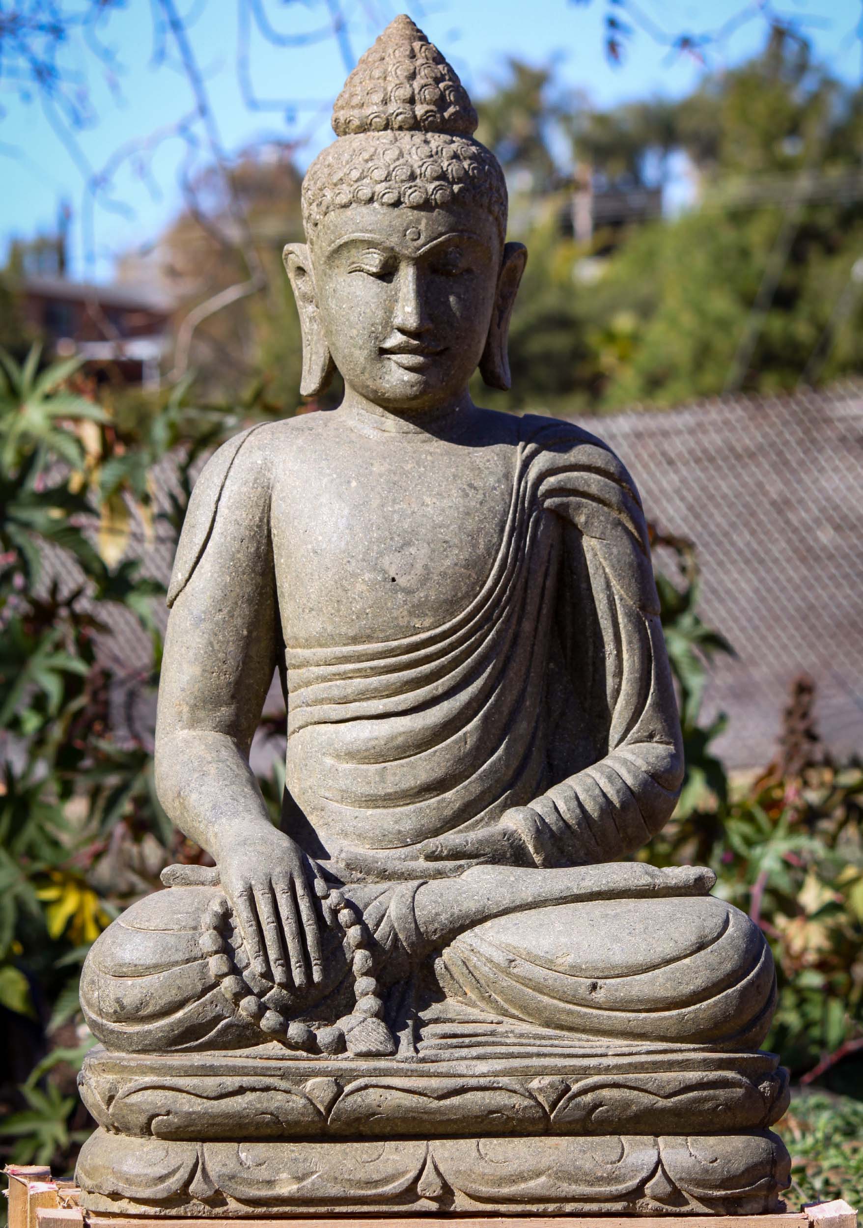 SOLD Lava Stone Seated Buddha Garden Sculpture in Bhumisparsha Mudra Holding Mala Beads 40" Questions & Answers