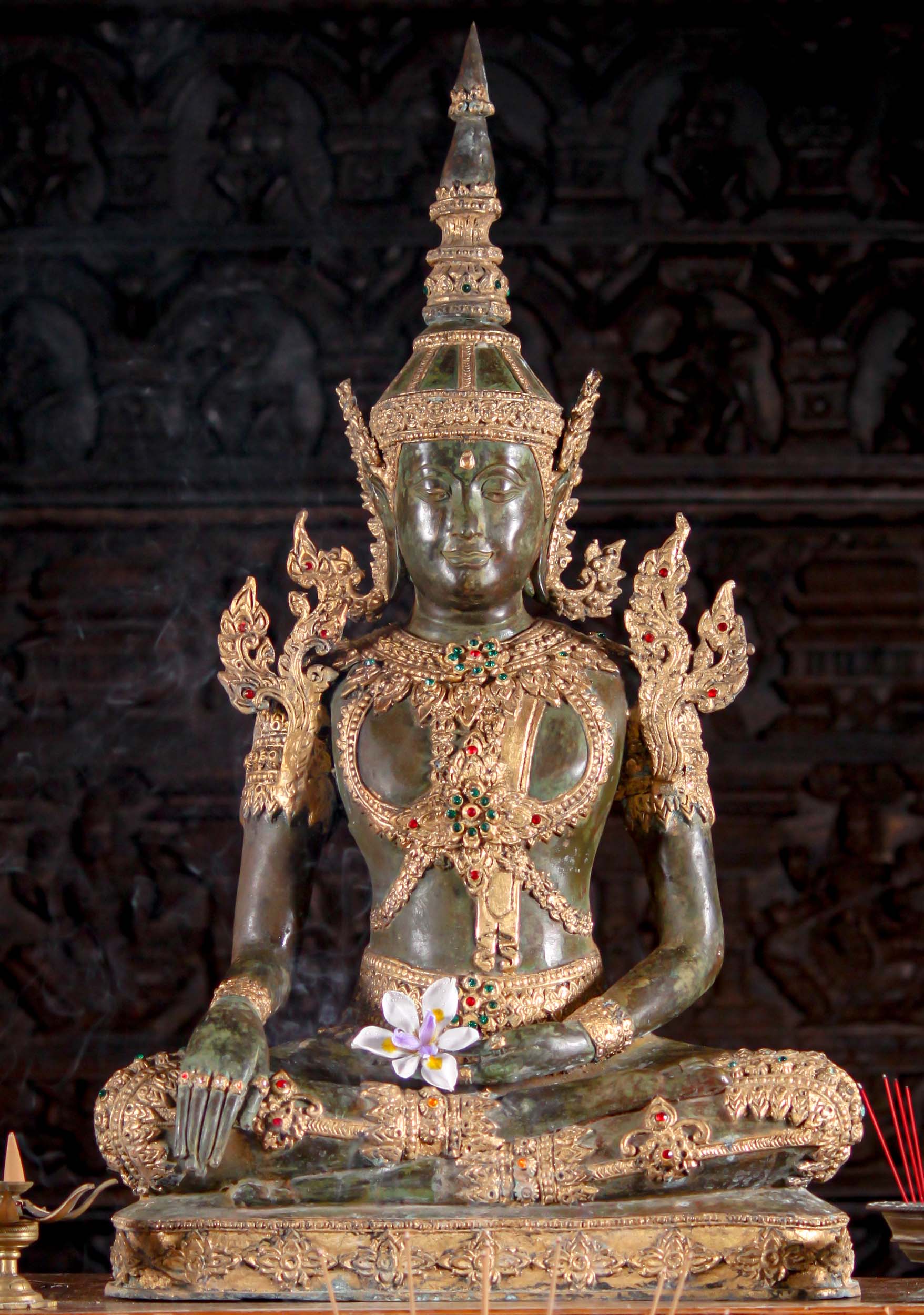 Earth Touching Thai Brass Seated Royal Buddha Sculpture with Gold Leaf 34" Questions & Answers