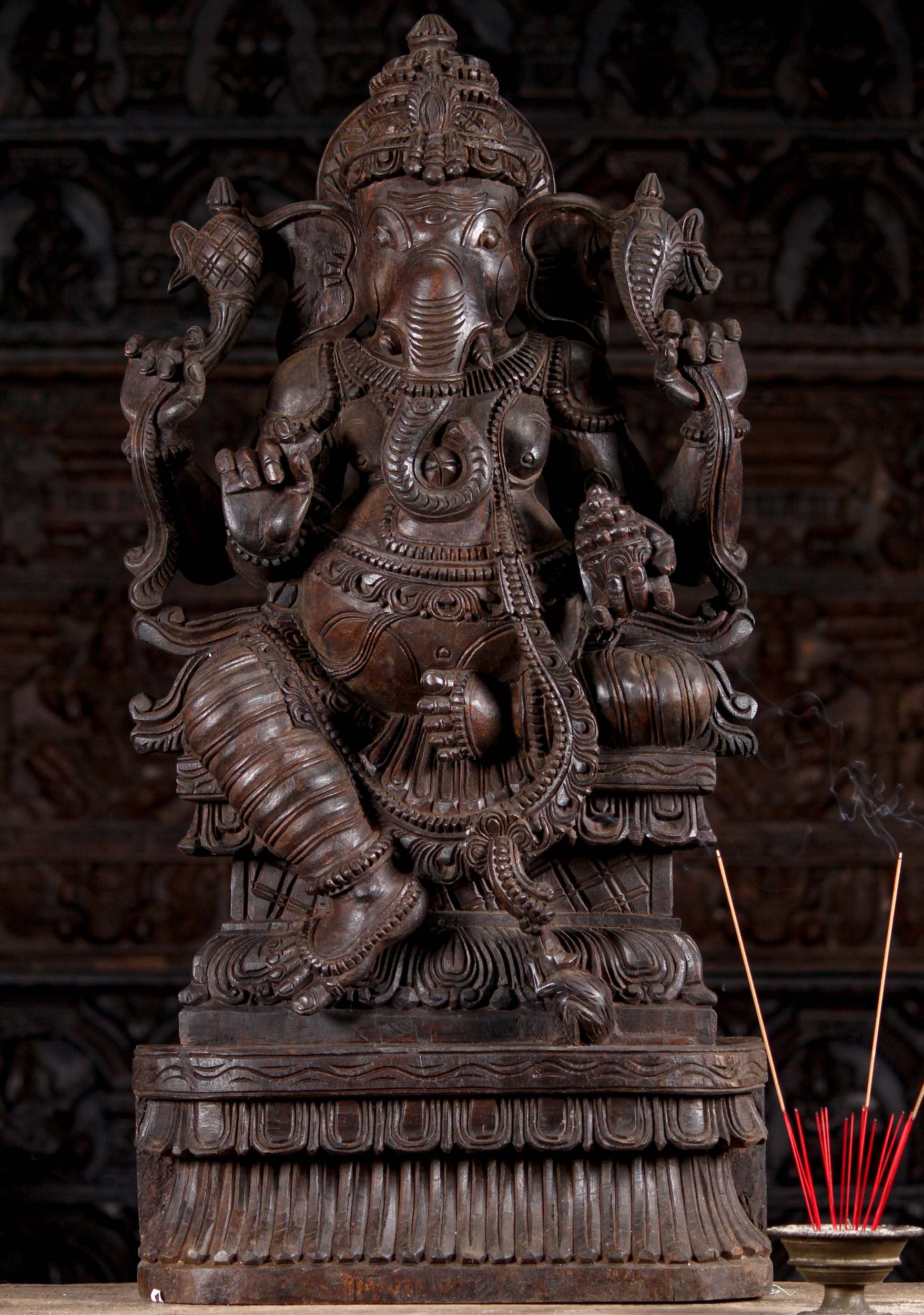 SOLD Wooden Seated Hand Carved Hindu God Ganesh Remover of Obstacles Perfect for Home Altar 36" Questions & Answers