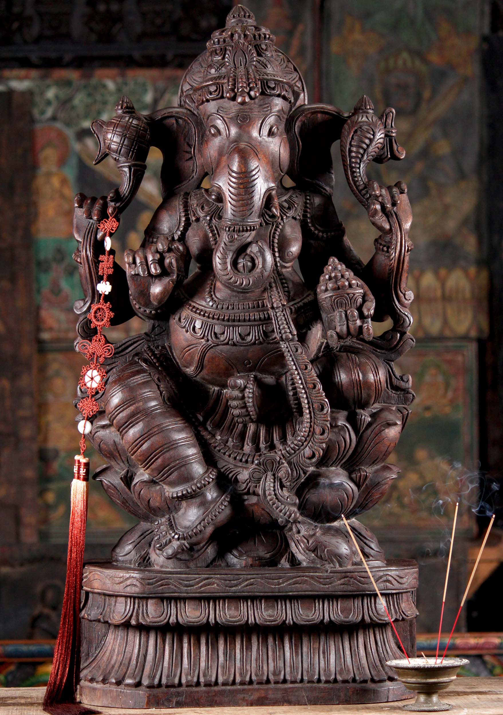 SOLD Dark Wooden Seated Hindu God Ganesha on Lotus Base with Mooshika Sculpture 36" Questions & Answers