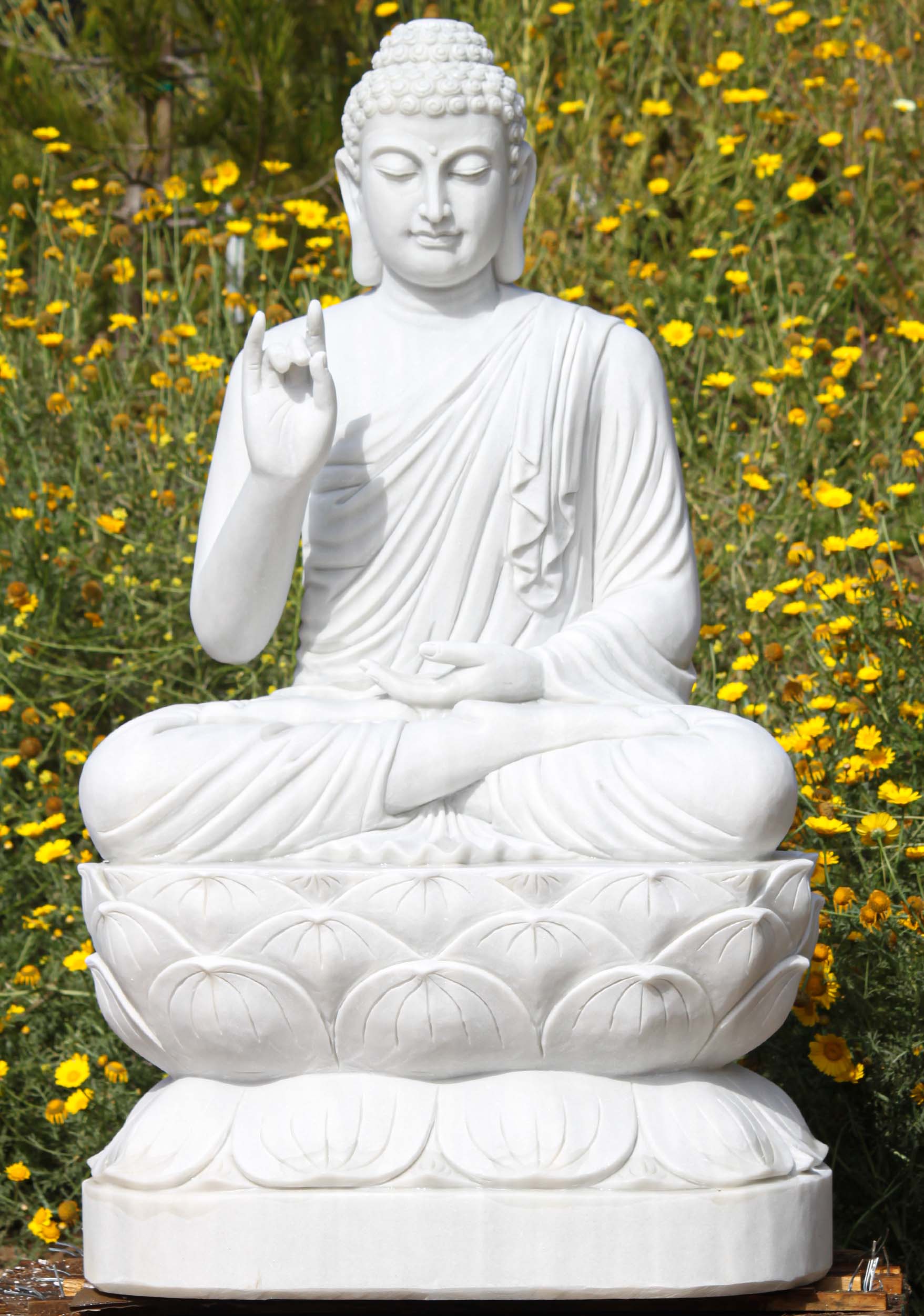 Buddha Garden Statue White Marble Statue Seated in Full Lotus in Karana & Dhyana Mudras 48" Questions & Answers