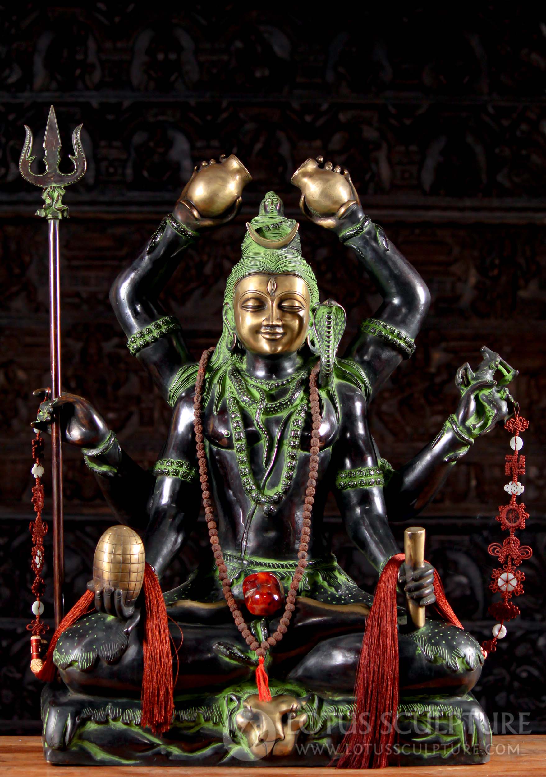 SOLD Black, Green & Gold Brass Abhisheka Shiva Statue with Six Arms with Trident Seated on Tiger Ski Questions & Answers