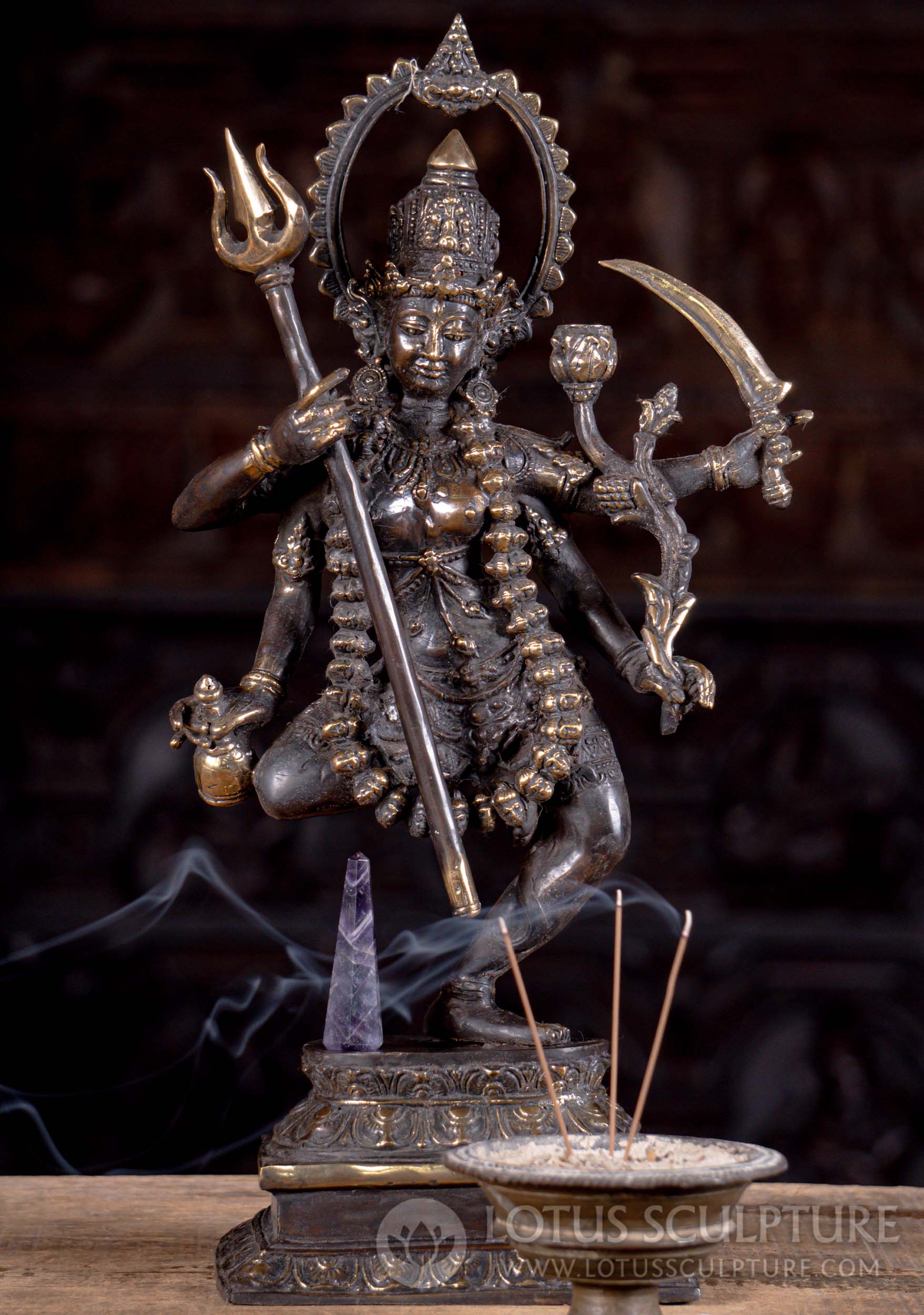 Four Armed Hindu Goddess Kali Standing on Lotus Base Sculpture Holding Trident 16" Questions & Answers