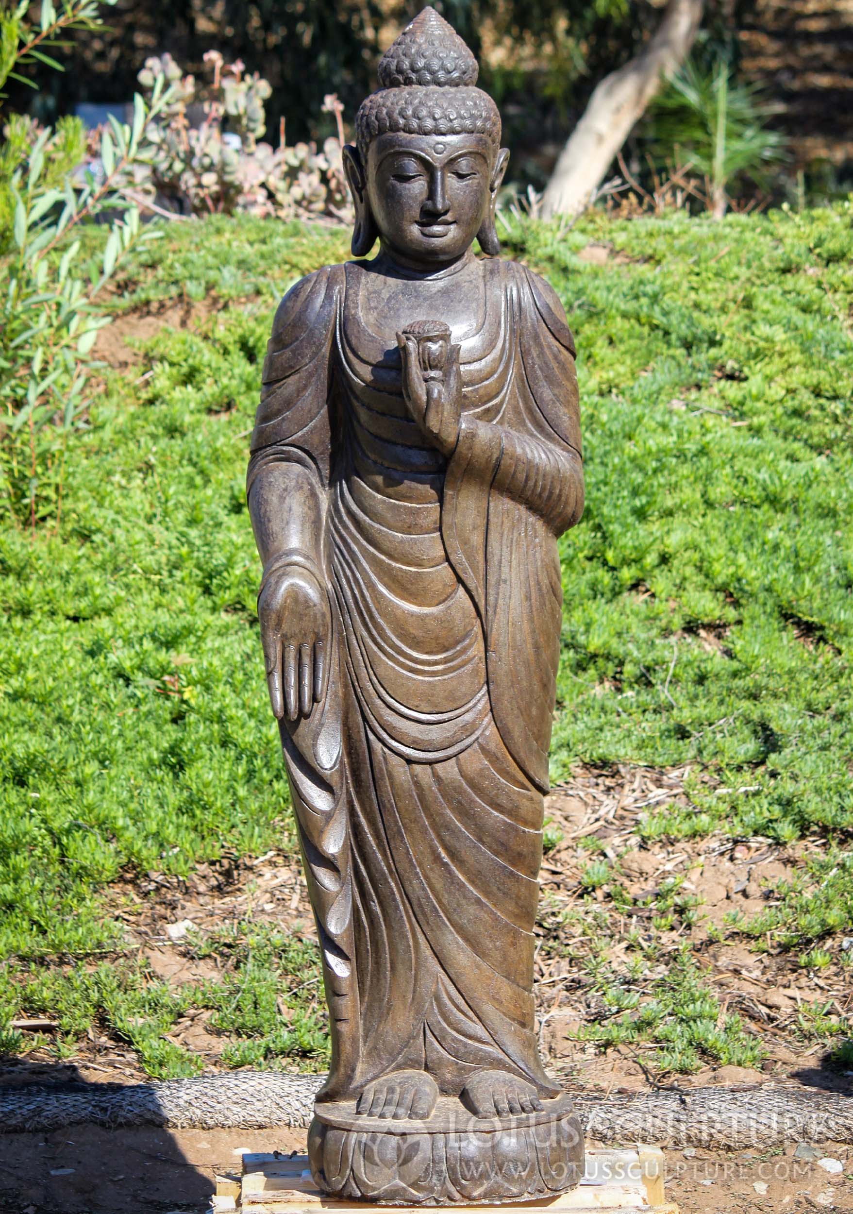 SOLD Colored Hand Carved Lava Stone Standing Garden Buddha Sculpture Holding Lotus Flower 62" Questions & Answers