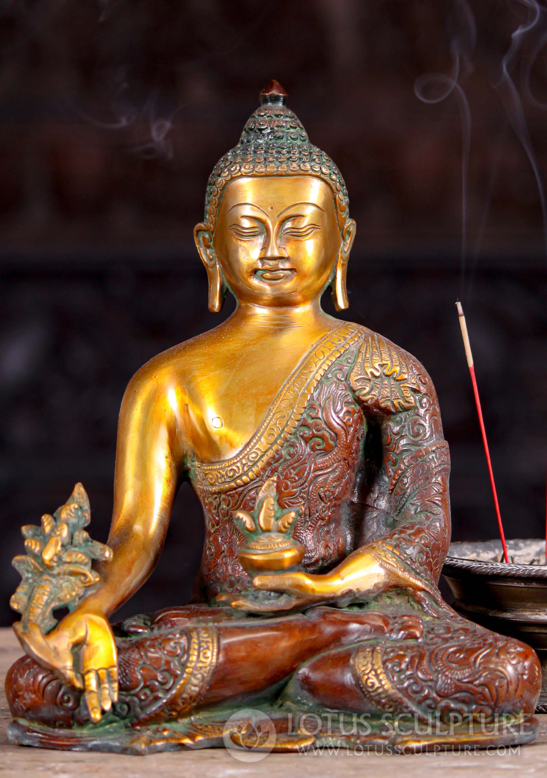 Medicine Buddha Seated in Full Lotus Position With Alms Bowl & Sprig of Healing Myrolaban 10" Questions & Answers