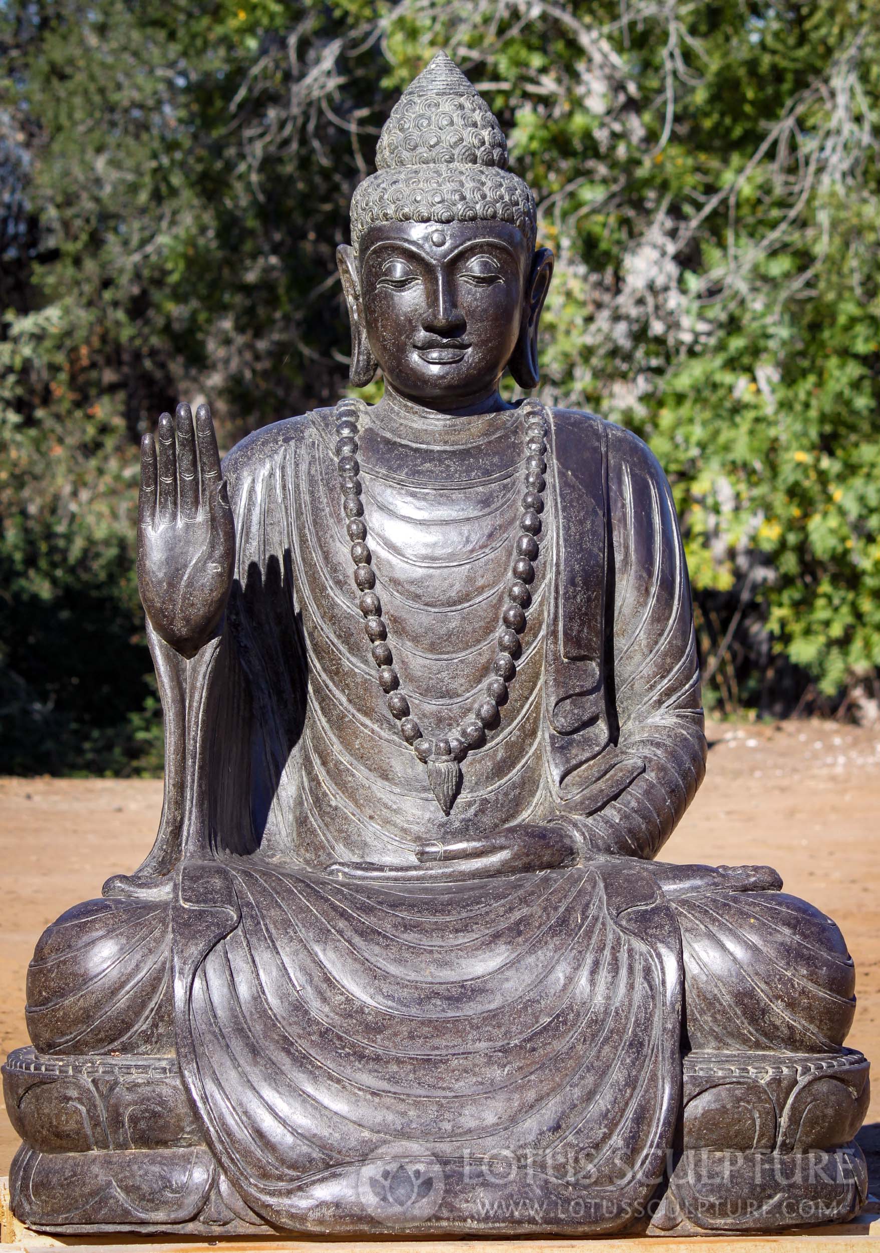 SOLD Dark Hand Carved Lava Stone Abhaya Mudra Buddha Sculpture with Mala Necklace 60" Questions & Answers