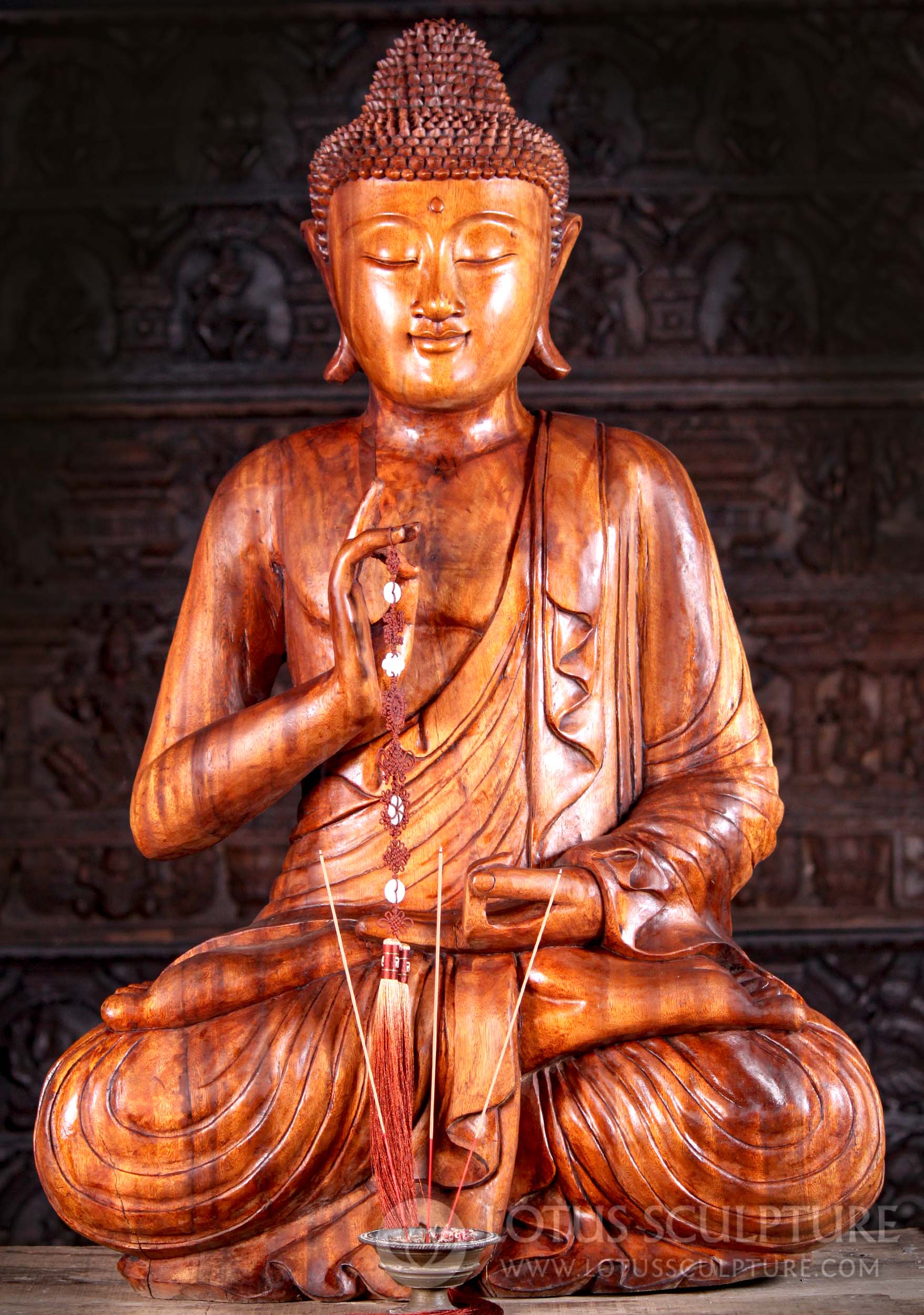 SOLD Suar Wood Padmasana Seated Large Peaceful Buddha Sculpture in Dharmachakra Mudra 41" Questions & Answers