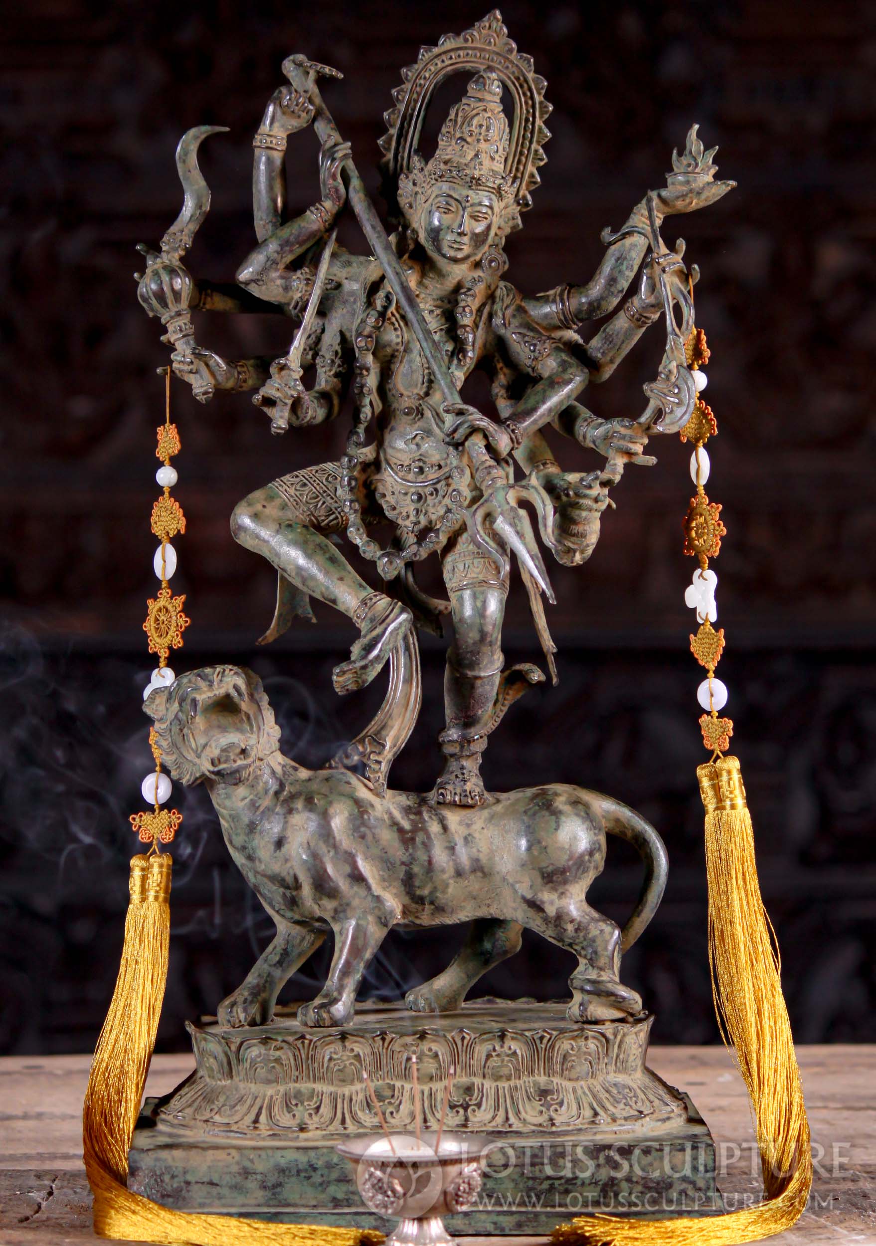 Hindu Goddess Kali Dancing in Triumph with 10 Arms on Roaring Lion Statue Holding Trident 23" Questions & Answers